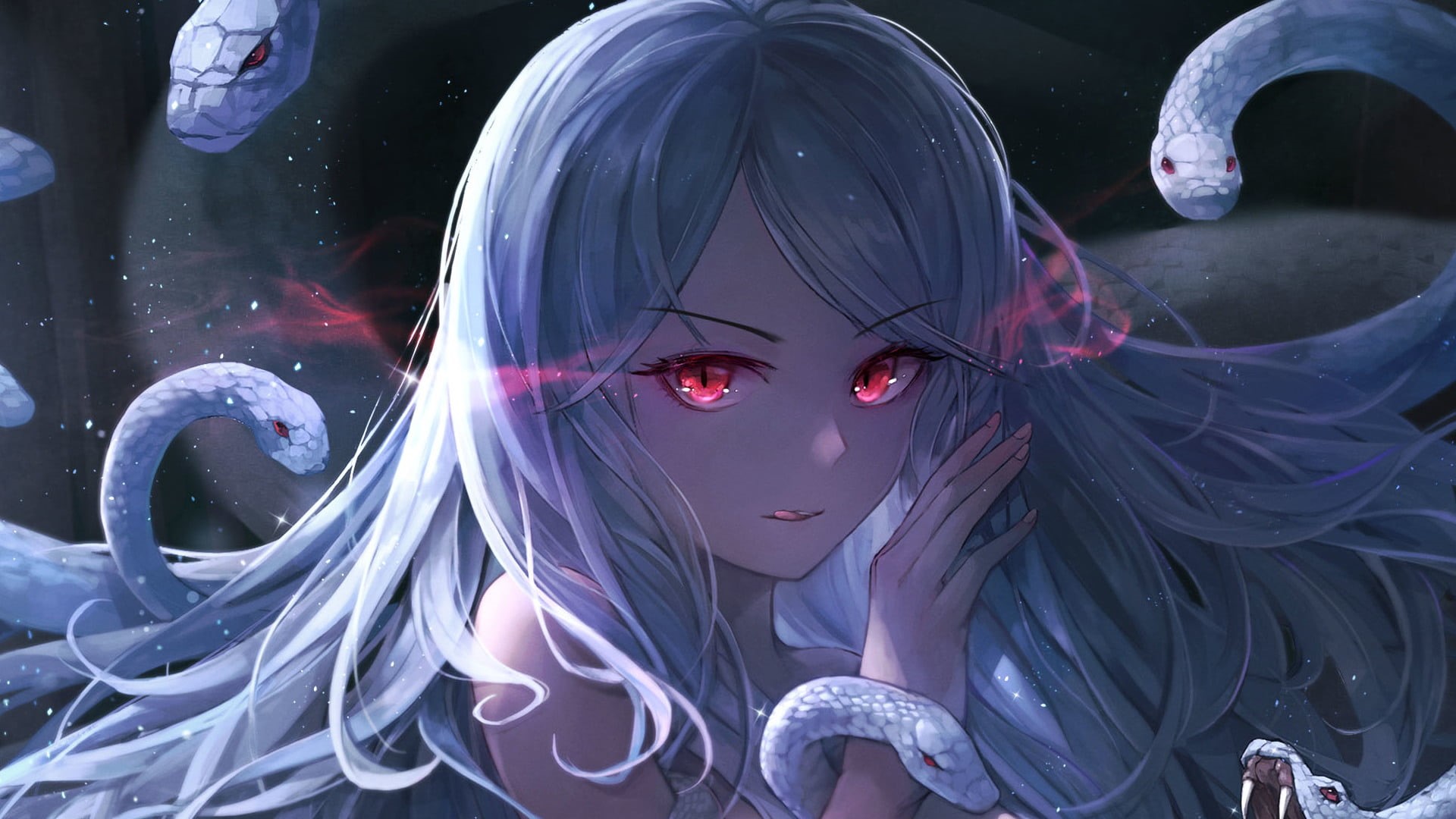 Anime, Red Eyes, Original, Snake, White Hair, 1080P, Girl, HD Wallpaper