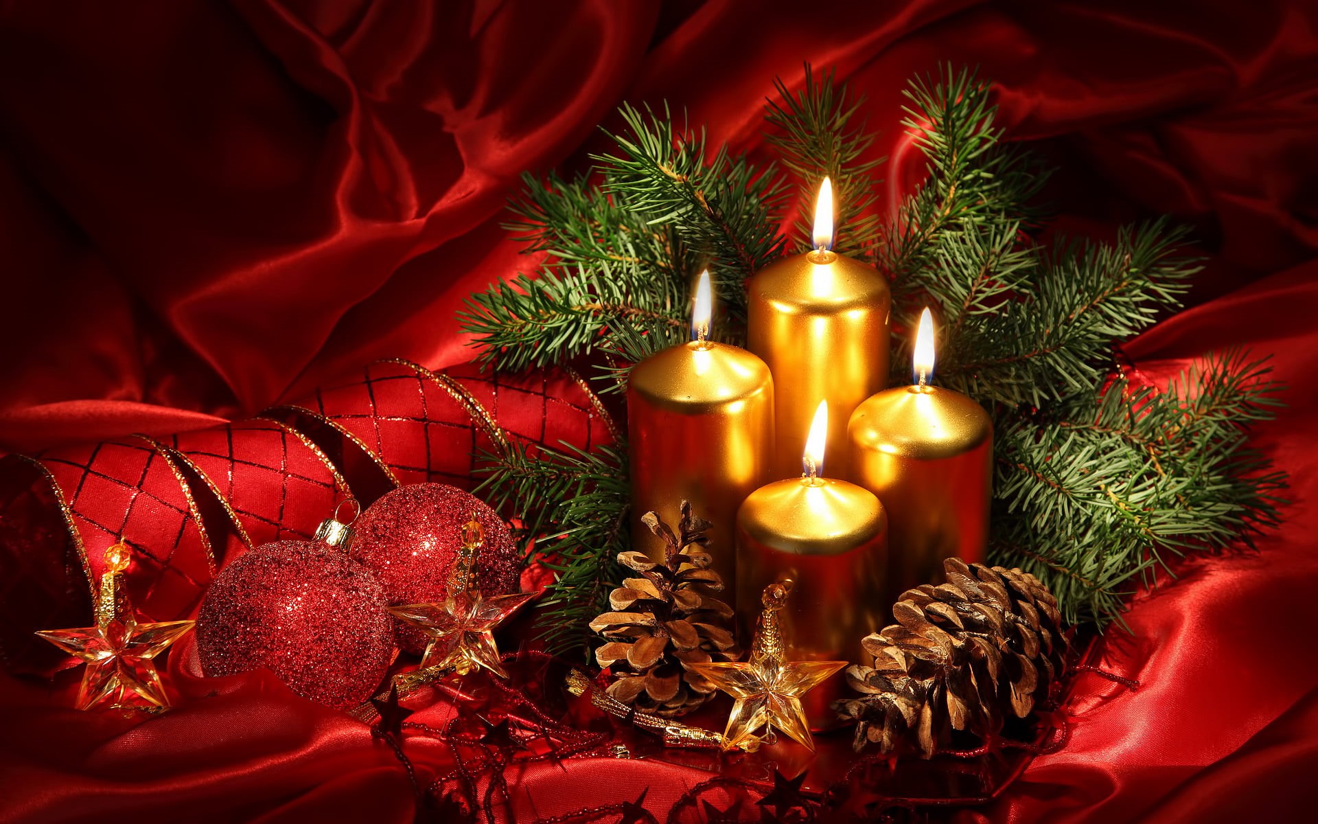 Christmas, Candles, indoors, candle, christmas Decoration, green Color, backgrounds, winter, Christmas tree branch, New Year, ornate, gold Colored, branch, HD Wallpaper