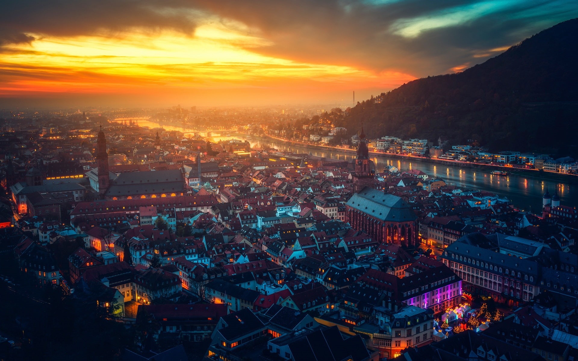 Heidelberg, Germany, Castle, Lights, Houses, City, Beautiful, Night, Sunset, River, 1080P, HD Wallpaper