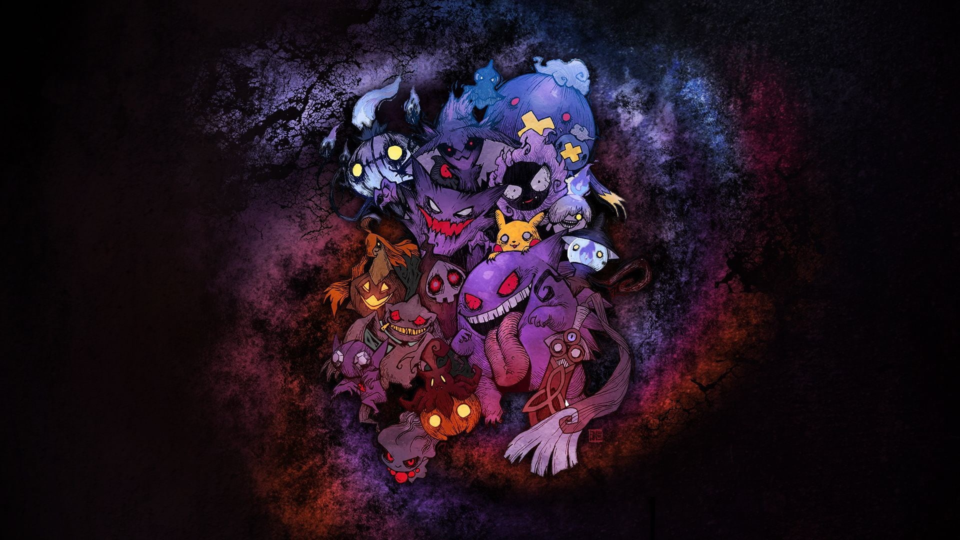 Drifblim, ghosts, Chandeleur, Sablay, Chandelure, Sableye, Pikachu, Visit of Daskal, Hunter, 1080P, pokemon, Misdreavus, Duskull, Banette, Drifloon, Gastly, HD Wallpaper