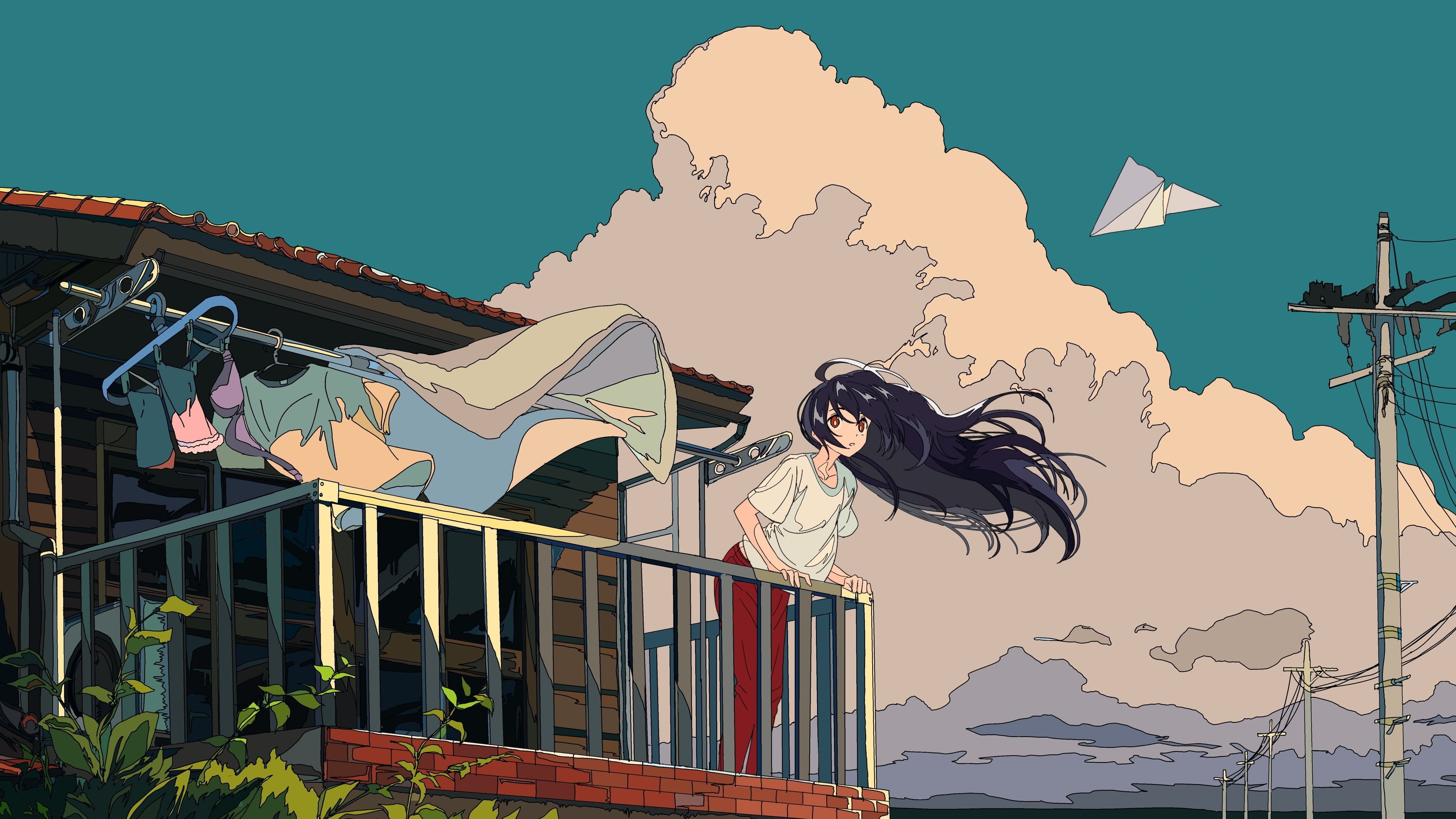 city, people, sky, building exterior, clouds, haired, anime, art and craft, cloud - sky, outdoors, illustration, low angle view, residential district, character, HD Wallpaper