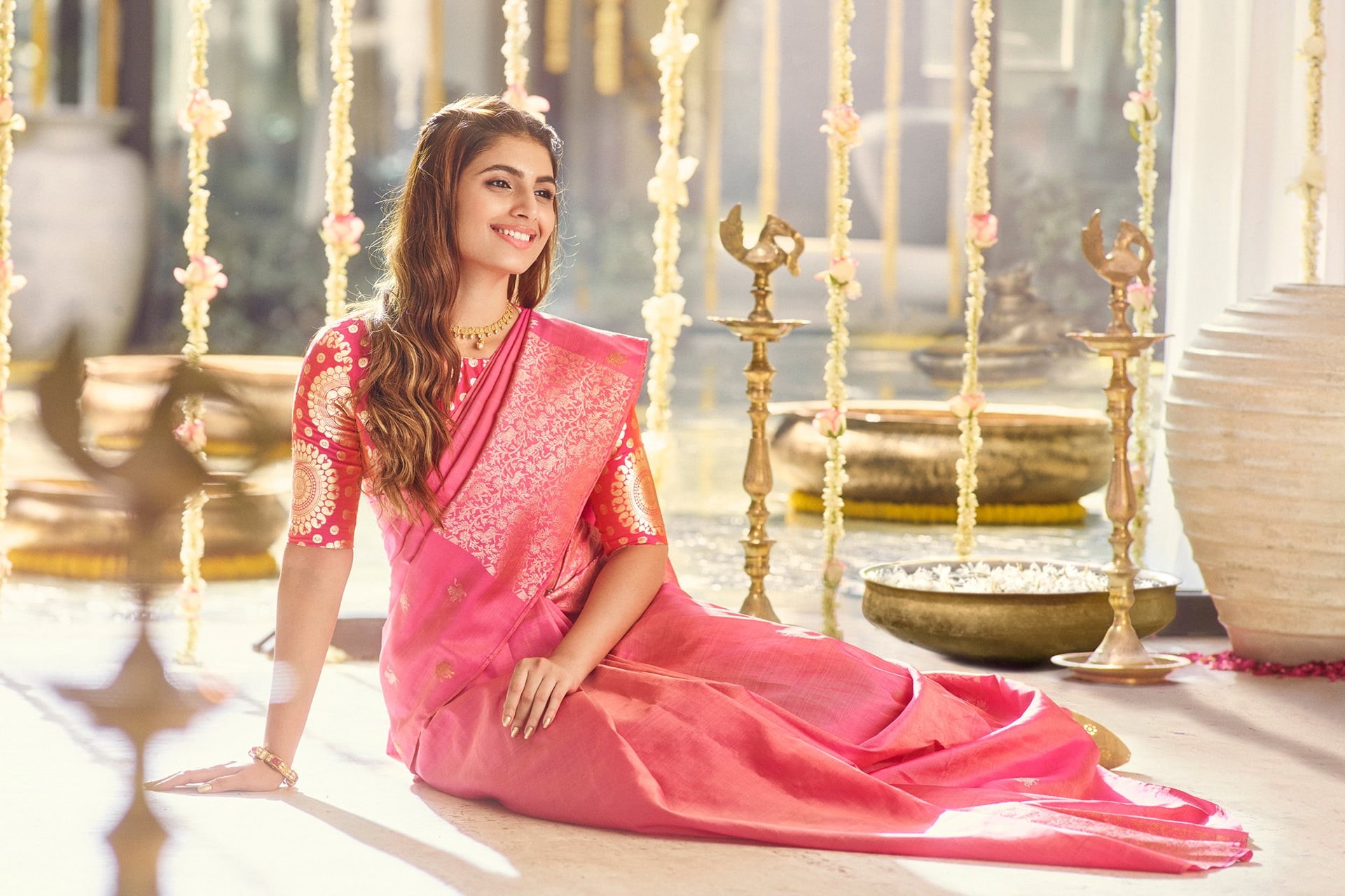 Saree, Long Hair, Models, 1080P, Model, Brunette, Smile, Woman, Indian, Girl, HD Wallpaper