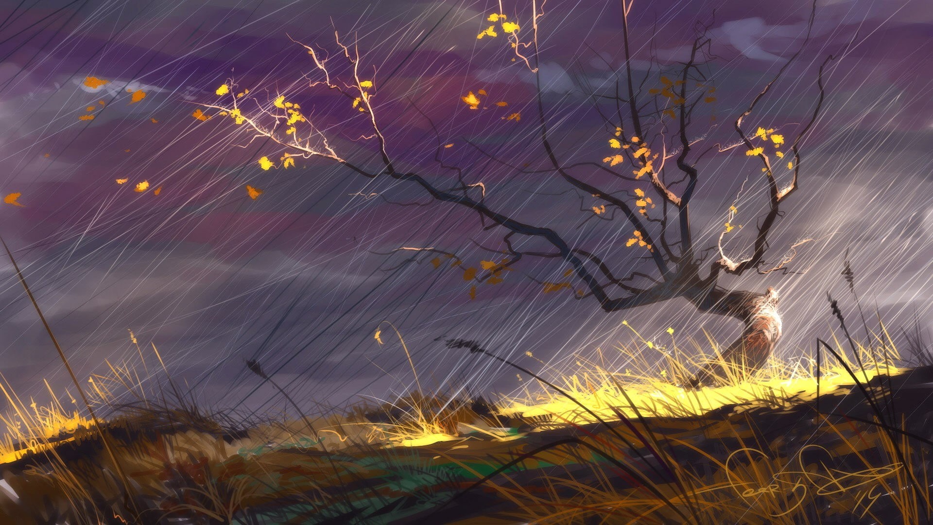 outdoors, night, yellow, beauty in nature, close-up, grass, DeviantArt, rain, nature, growth, fragility, 1080P, no people, tranquility, digital art, HD Wallpaper