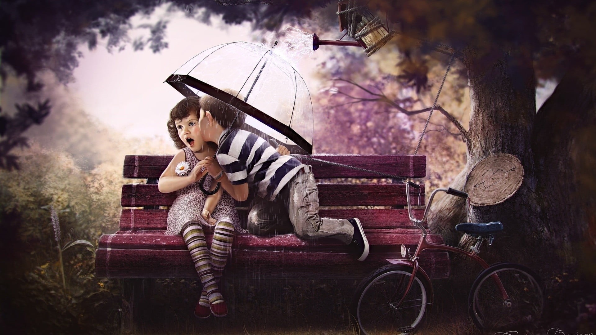 offspring, males, artwork, car, nature, people, bench, transportation, toy, girl, tree, men, representation, child, childhood, selective focus, illustration, HD Wallpaper