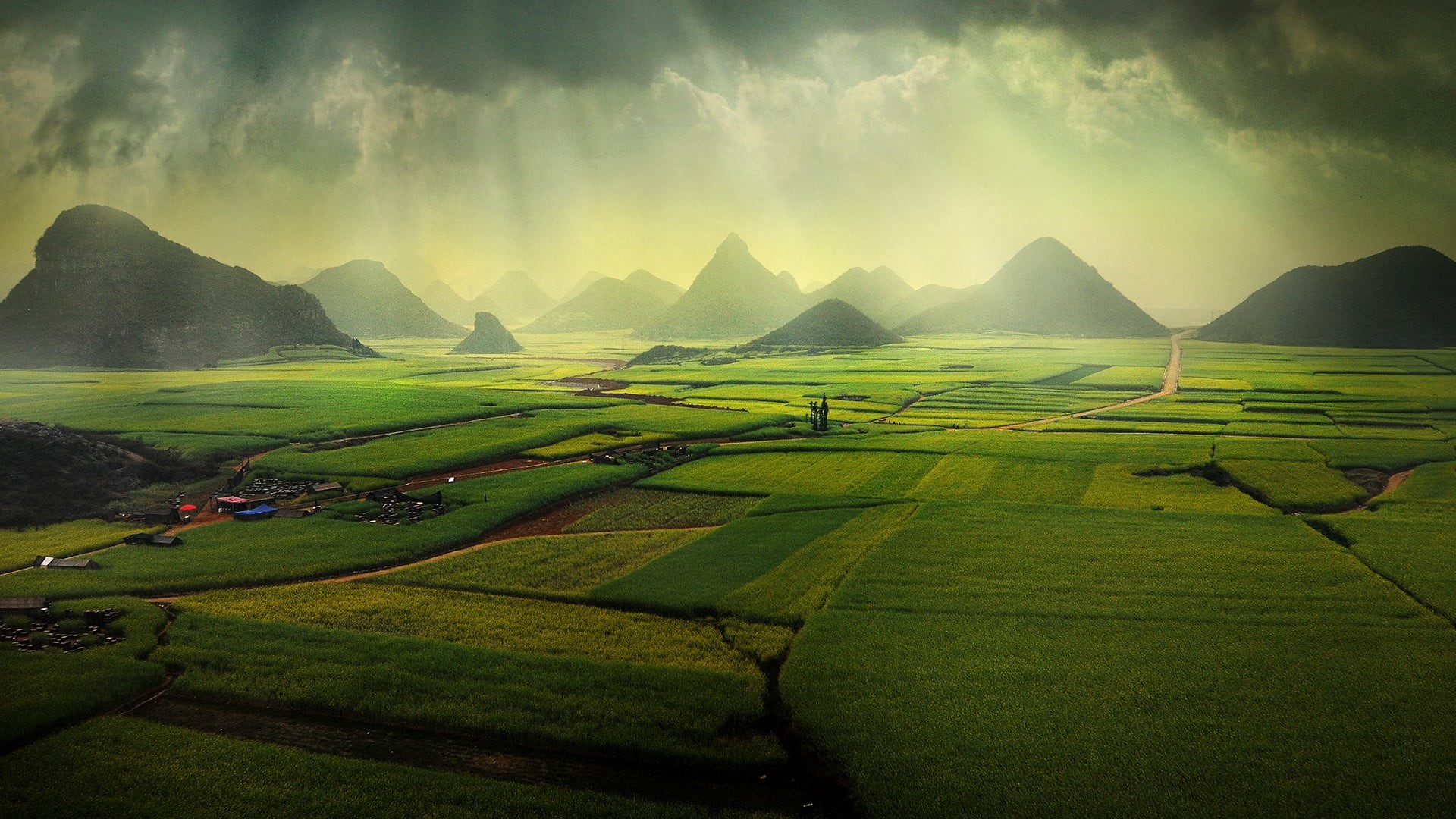 Canoli, nature, mountains, sky, landscape, road, field, house, farm, Monsoon, clouds, rain, China, yunnan (china), 1080P, HD Wallpaper