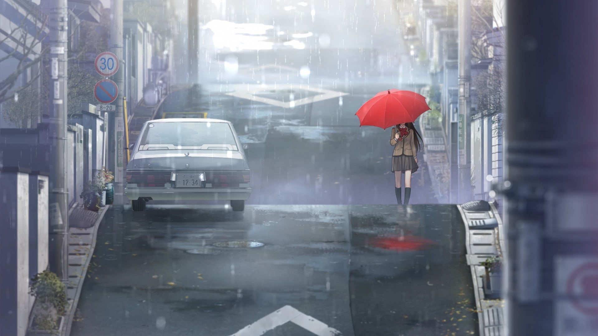 car, security, water, Aozaki Aoko, motor vehicle, land vehicle, urban, street, city life, rainy season, day, Mahoutsukai no Yoru, monsoon, city, rain, real people, HD Wallpaper