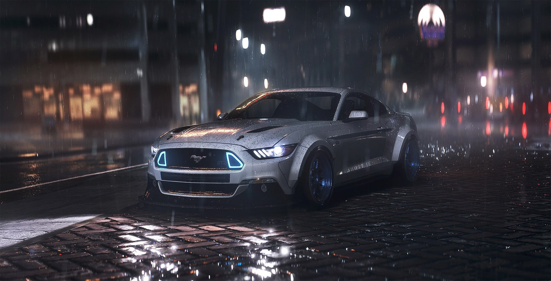 street, Ford, 1080P, Night, motion, motor vehicle, land vehicle, Musle, rainy season, wet, Mustang, monsoon, Front, architecture, coupe, silver, city life, HD Wallpaper