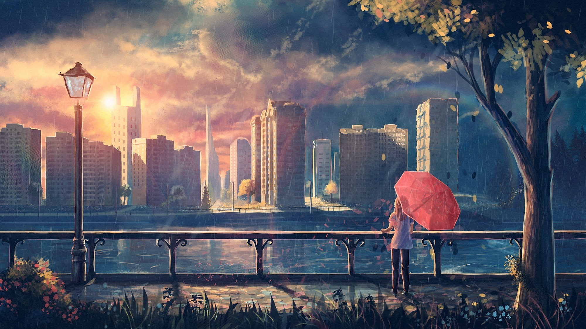 trees, sunlight, umbrella, anime girls, cityscape, artwork, rain, 1080P, HD Wallpaper