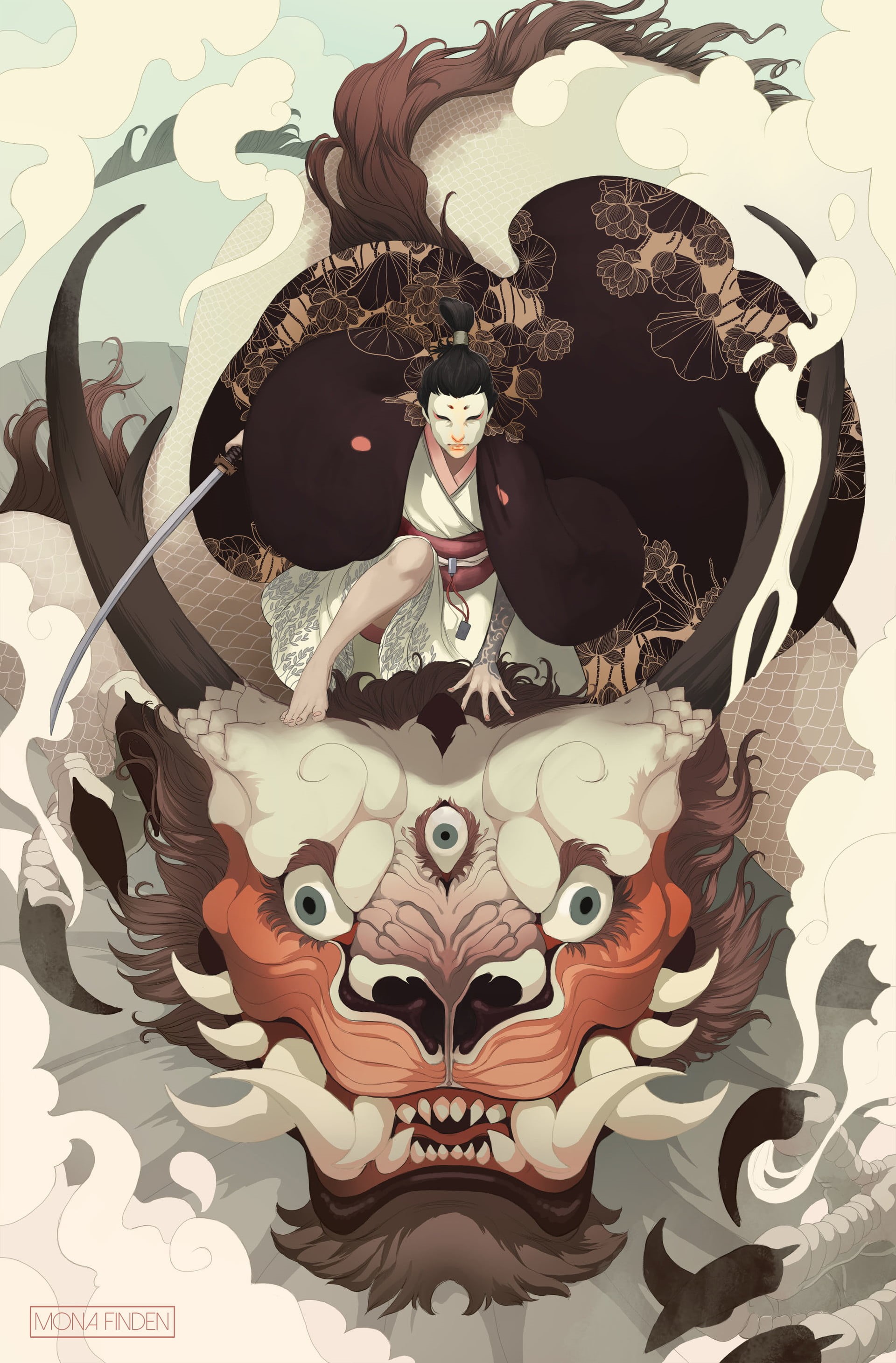 horns, women, 2K, hood, teardrop, animal wildlife, Mona Finden, mammal, mantle, cat, one animal, invertebrate, lion - feline, brunette, geisha, representation, Phone HD Wallpaper