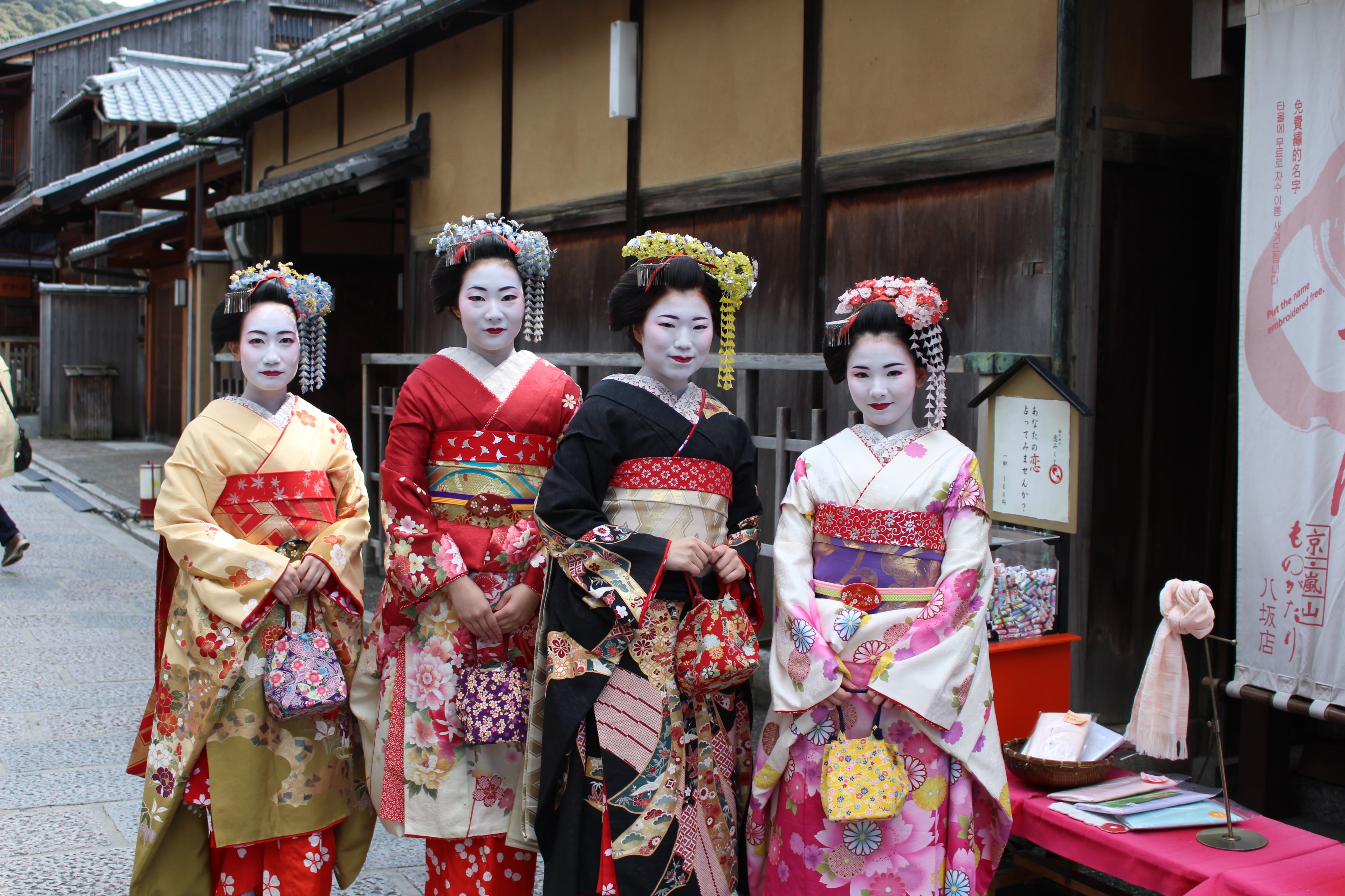 architecture, building exterior, built structure, outdoors, portrait, women, front view, geisha pals, geishas, traditional clothing, 5K, robe, three quarter length, HD Wallpaper