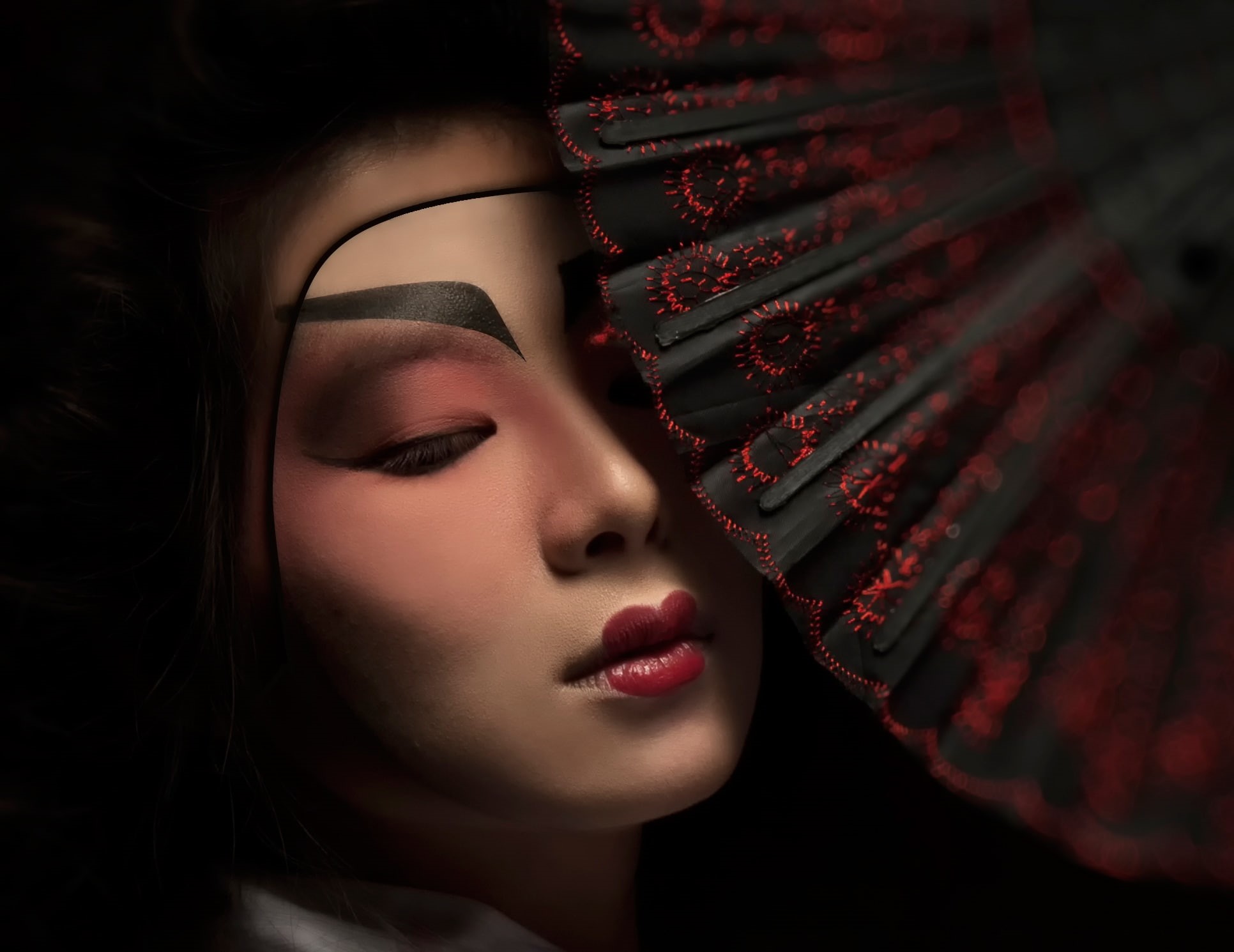 Geisha Mask, fan, 1080P, makeup, HD Wallpaper