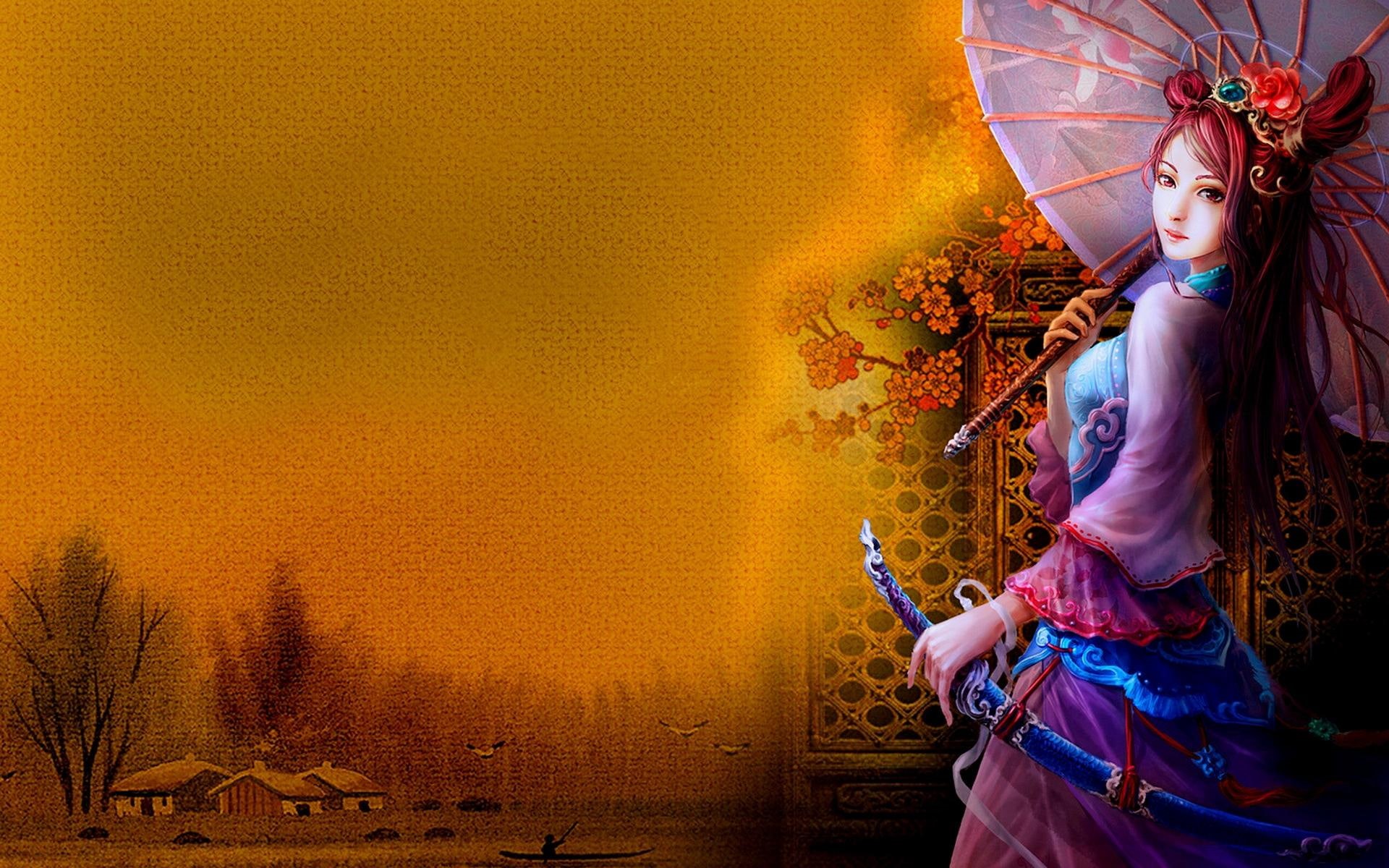 sword, girls, geisha, beauty, umbrella, girl, 1080P, lake, painting, 3d and abstract, HD Wallpaper