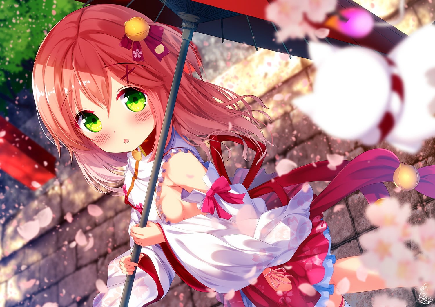 umbrella, green eyes, Hololive, blush, Japanese clothes, loli, 720P, readhead, HD Wallpaper