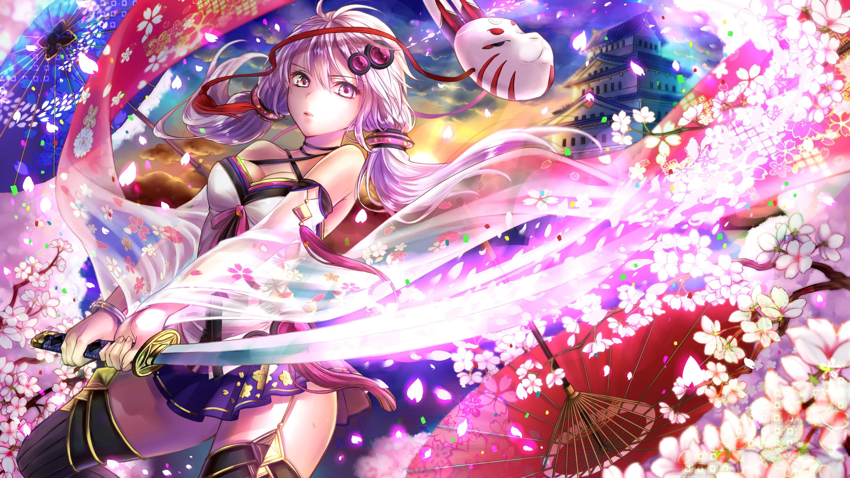 human representation, 2K, anime, day, cherry trees, pattern, Japanese umbrella, haired, sword, close-up, anime girls, pink, Vocaloid, thigh-highs, representation, HD Wallpaper