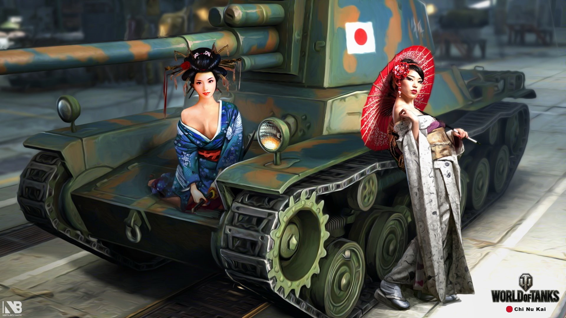 katana, umbrella, Japanese, figure, art, samurai, 1080P, girls, World of Tanks, tank, average, Chi Nu Kai, Asian girls, Nikita Bolyakov, HD Wallpaper