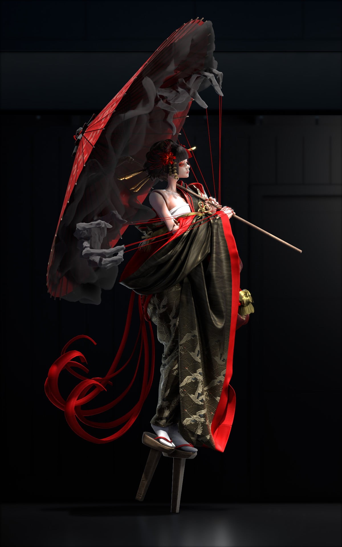 Japanese, kimono, joint, puppets, hands, demon, 1080P, strings, umbrella, Phone HD Wallpaper