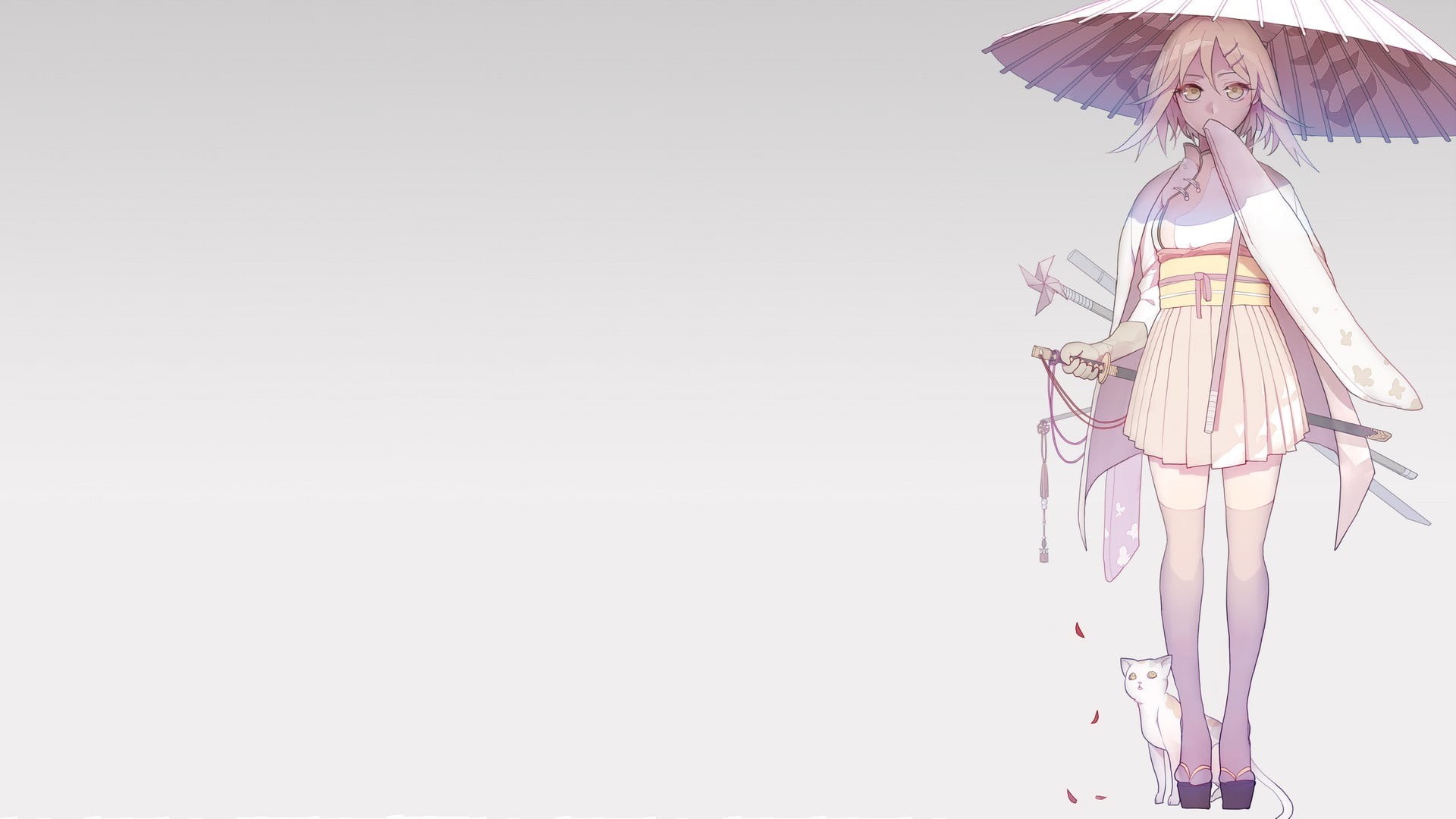 1080P, young adult, illustration, umbrella, simple background, beauty, holding, sword, weapon, gloves, one Person, leisure activity, dress, art, Vocaloid, HD Wallpaper