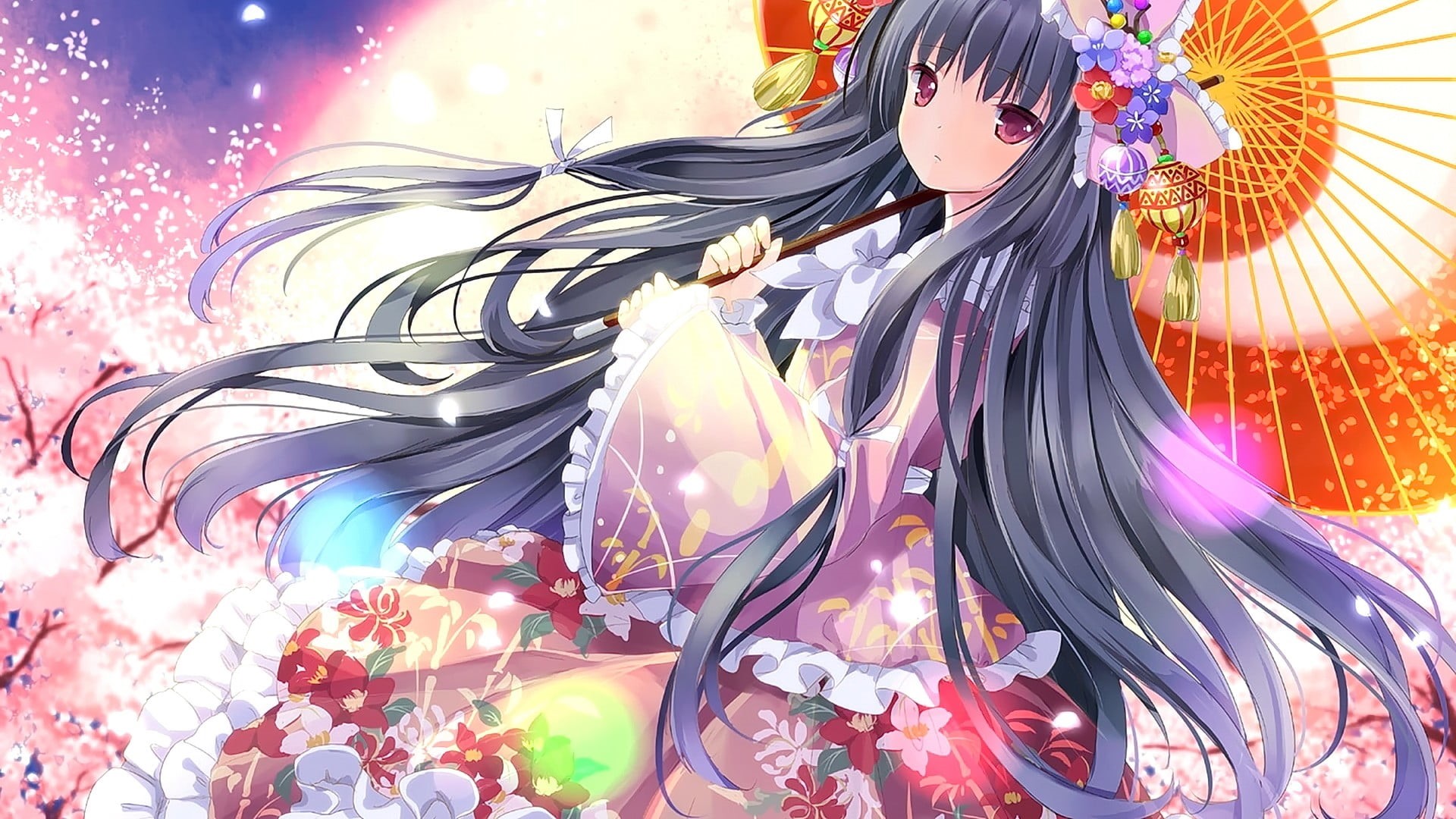 Japanese clothes, digital composite, one person, celebration, anime, looking at viewer, carnival, motion, umbrella, decoration, shiny, Touhou, brunette, HD Wallpaper