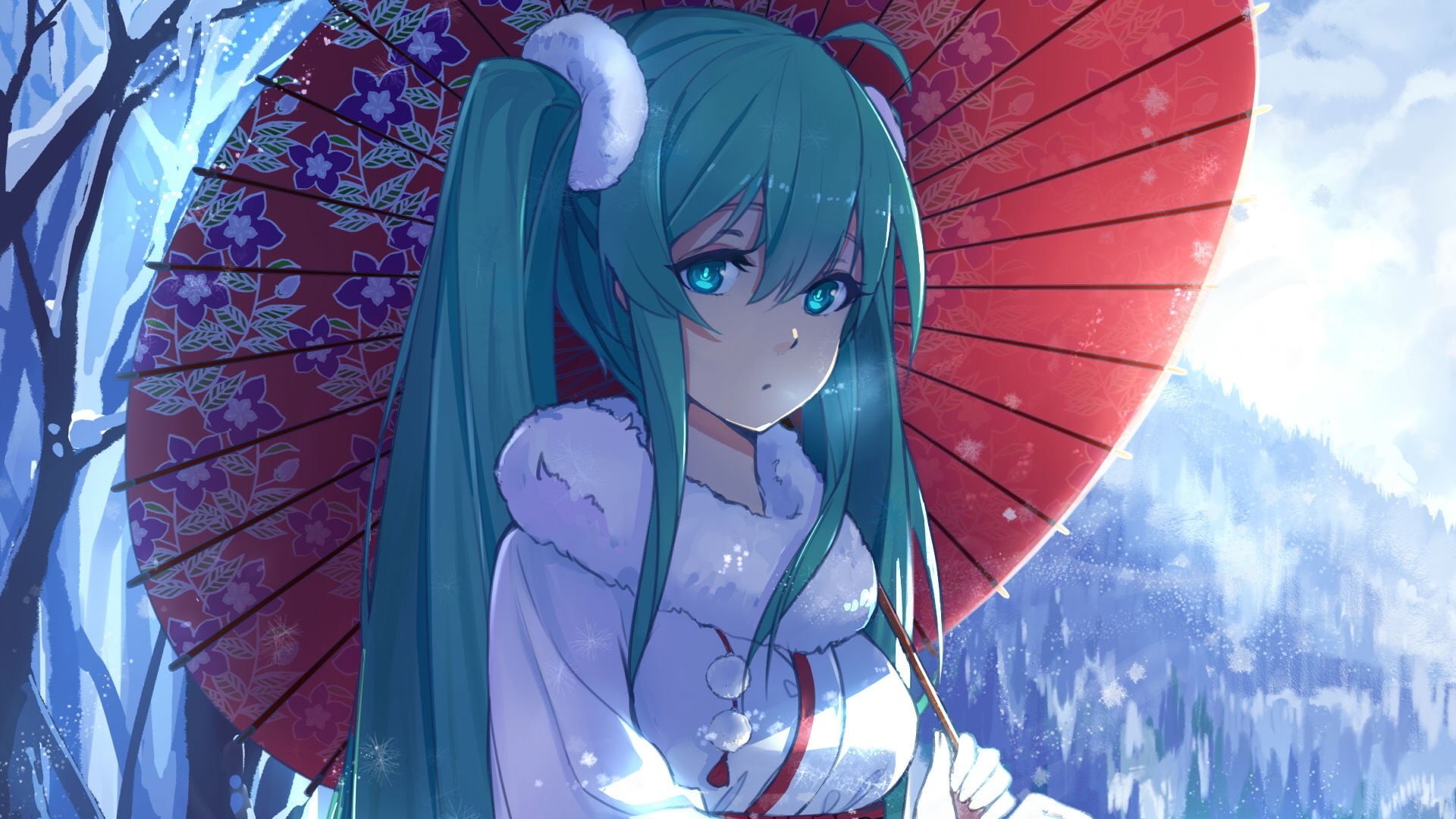 beauty, kimono, fantasy, fashion, Japanese umbrella, Hatsune Miku, representation, 1080P, close-up, pattern, art, illustration, blue, architecture, outdoors, HD Wallpaper