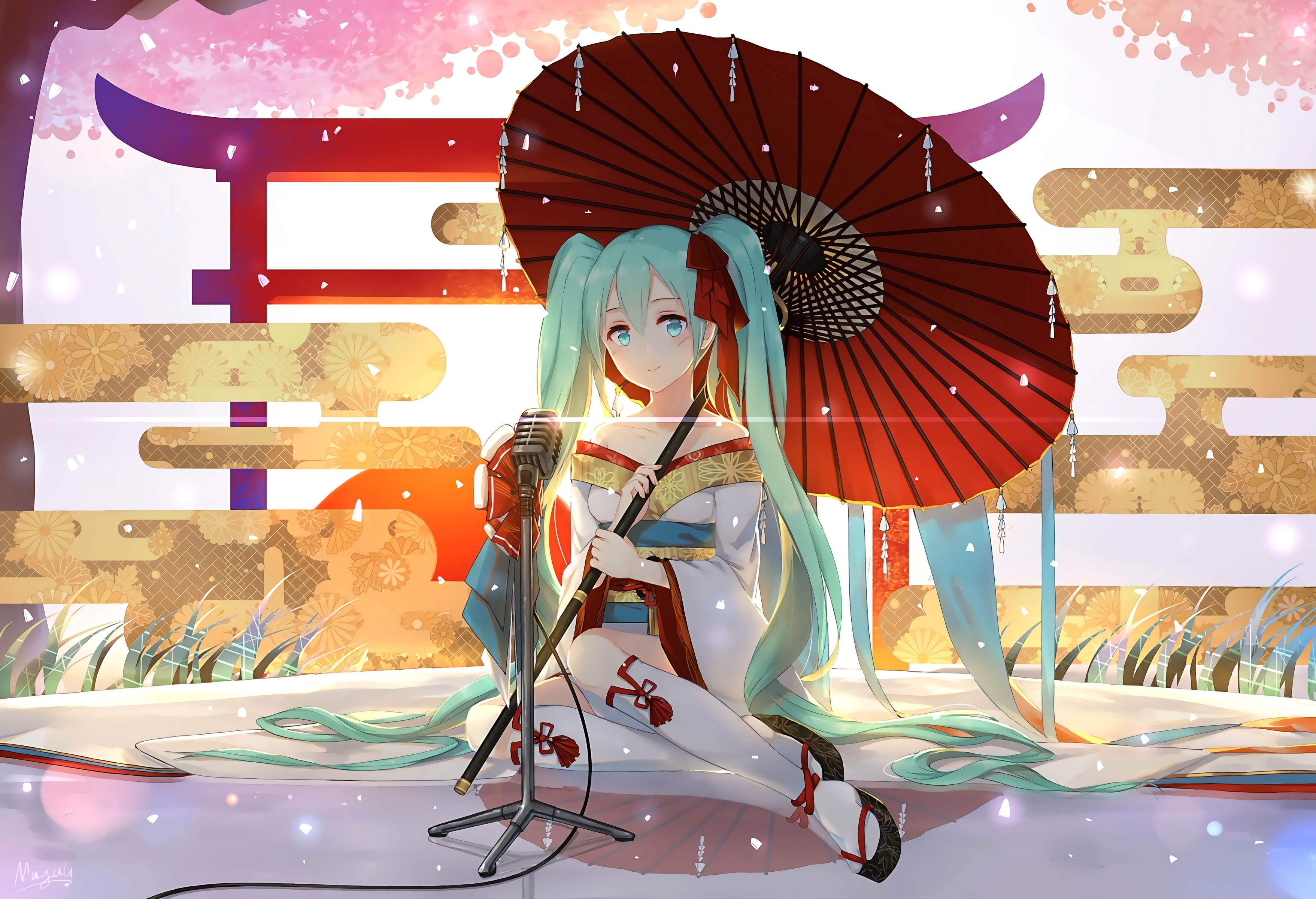 illuminated, amusement park ride, aqua eyes, art and craft, miku, arts culture and entertainment, low angle view, aqua hair, sky, multi colored, Japanese clothes, HD Wallpaper