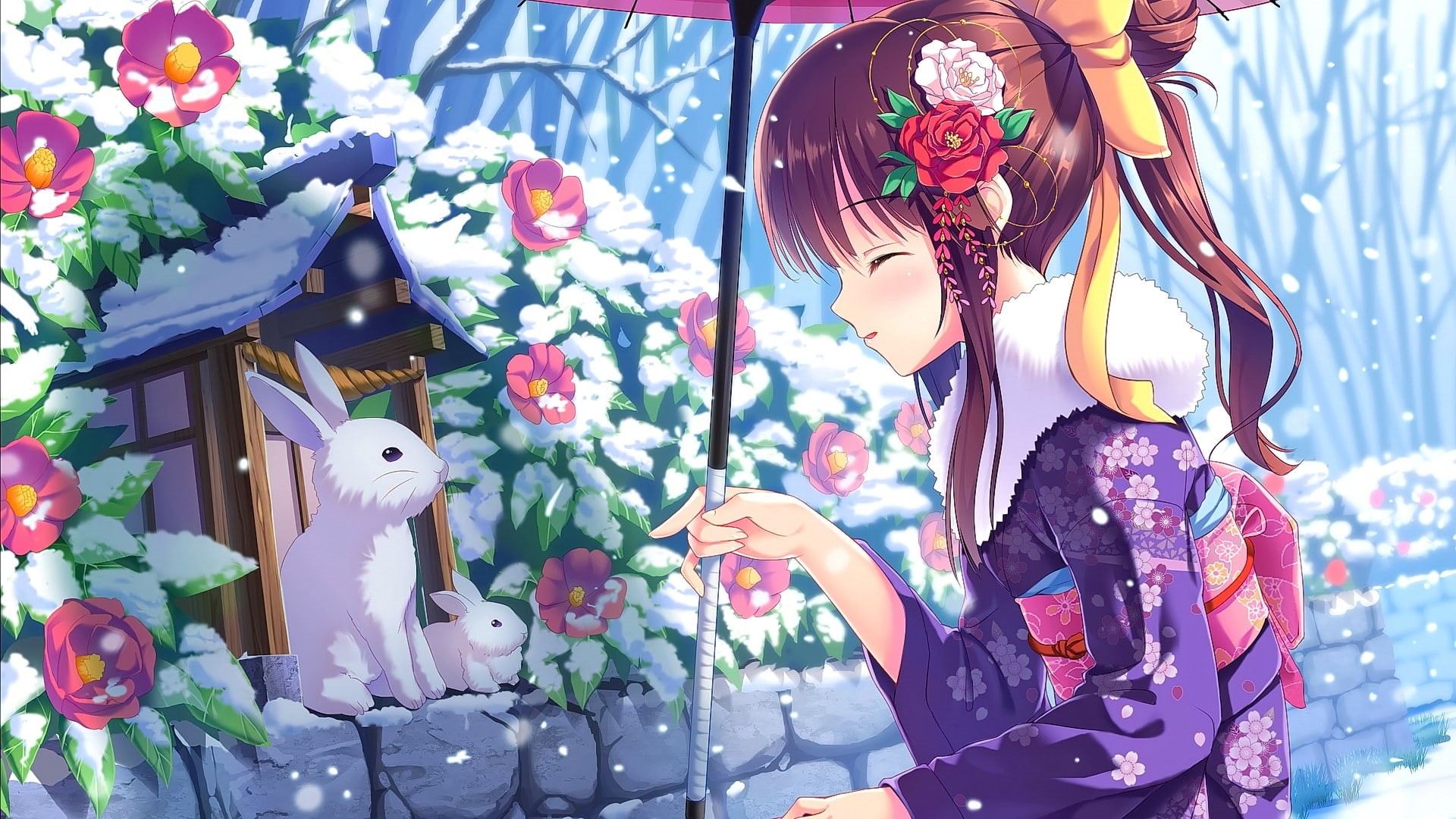 kimono, Japanese clothes, 1080P, anime, anime girls, flowers, umbrella, short hair, smiling, closed eyes, animals, brunette, HD Wallpaper