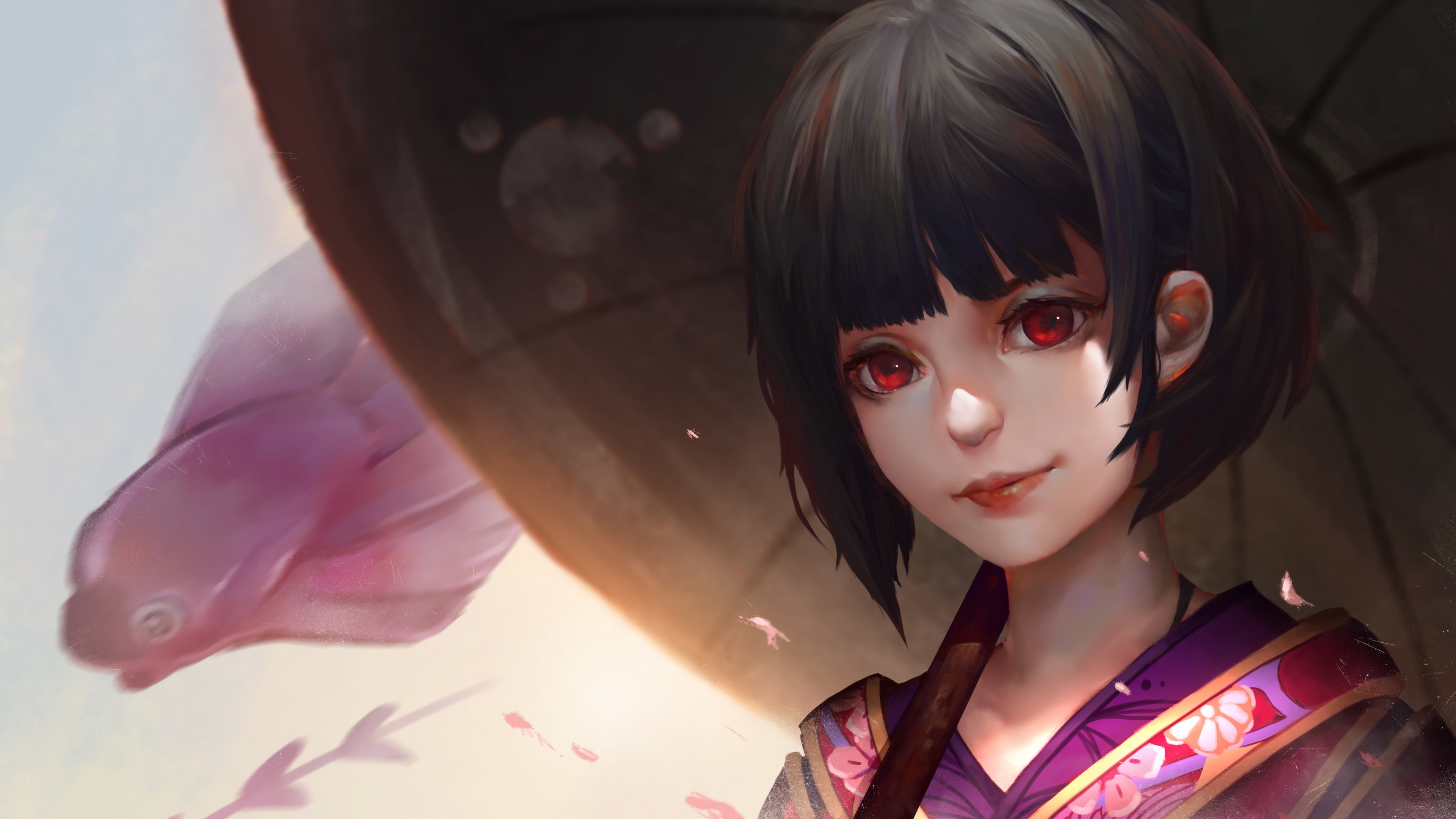 2D, Japanese umbrella, white background, illustration, drawing, looking at viewer, portrait, original characters, short hair, smiling, artwork, red eyes, HD Wallpaper