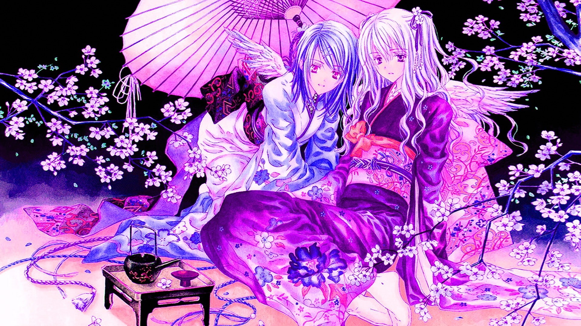 indoors, creativity, plant, Japanese clothes, table, art and craft, digital composite, Japanese umbrella, no people, purple, nature, anime, lighting equipment, HD Wallpaper