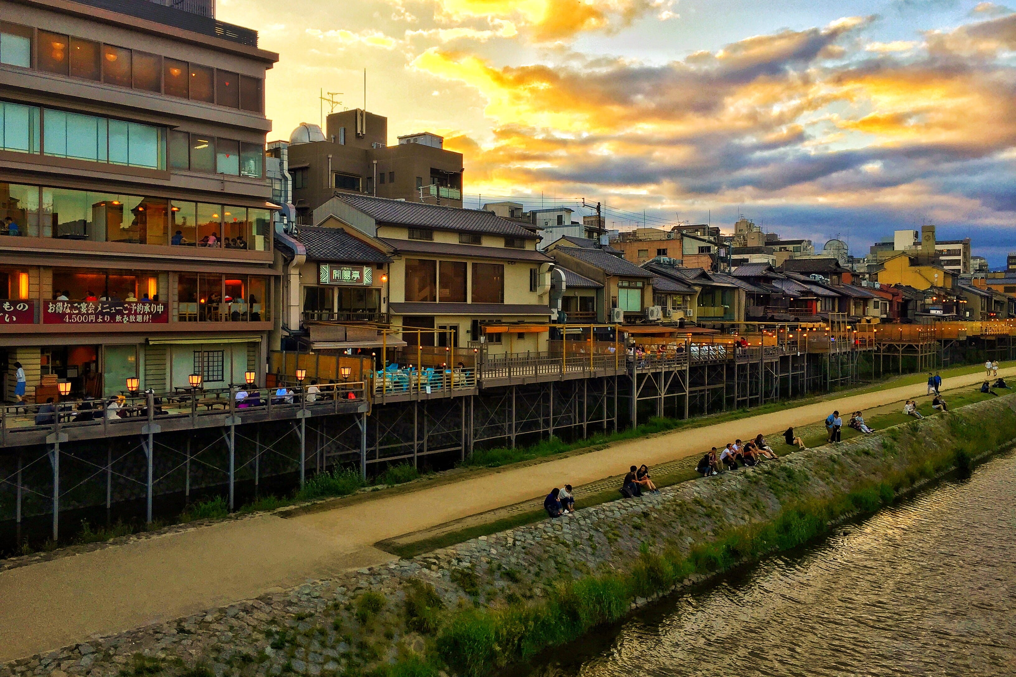 neighborhood, roof, sunset, built structure, shelter, mode of transportation, street, landscape, people, residential district, kamo river, building, incidental people, HD Wallpaper