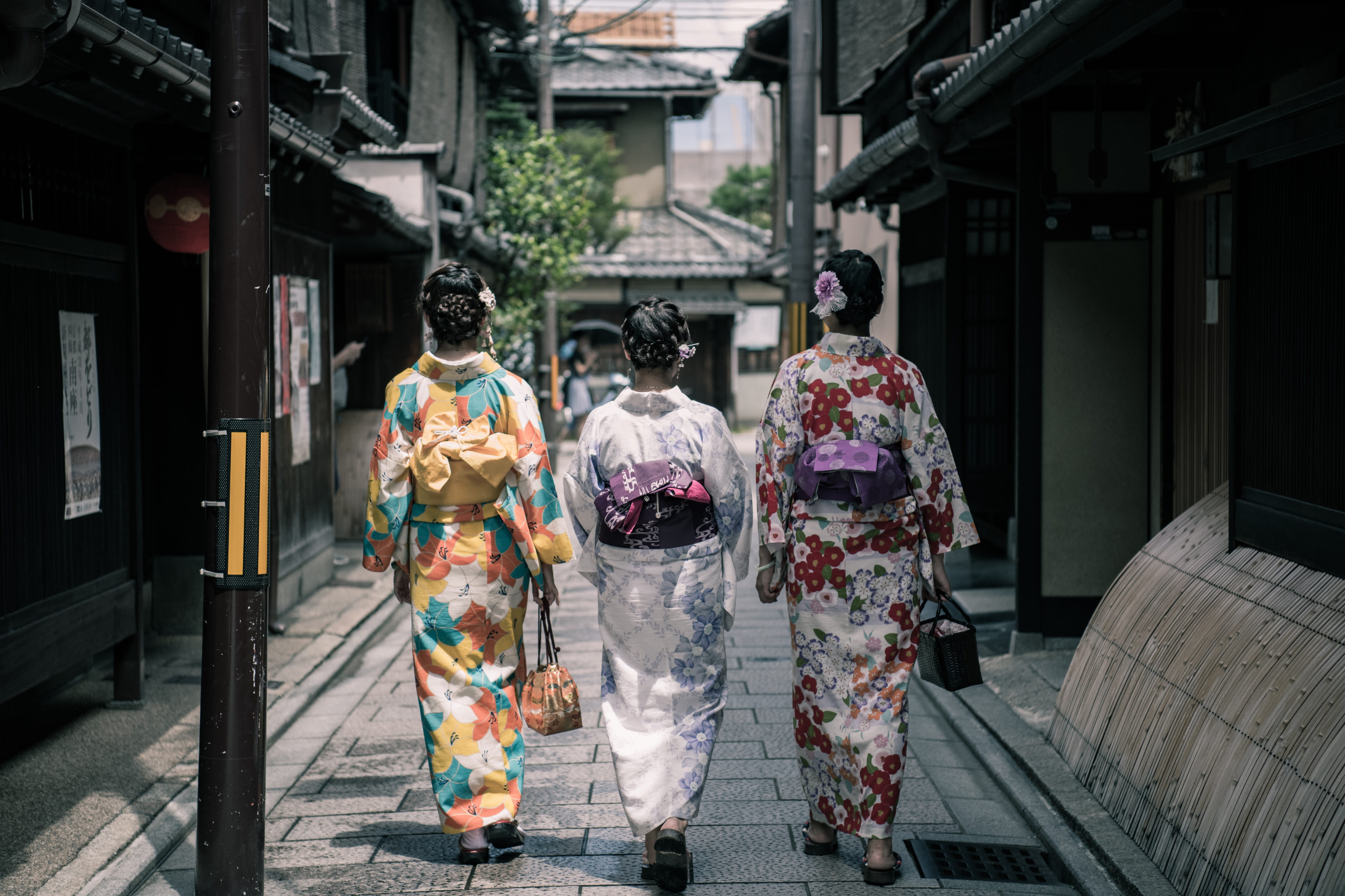 japan, festival, built structure, rear view, full length, architecture, robe, group, three, 5K, clothing, traditional clothing, kimono, daylight, kyoto, HD Wallpaper