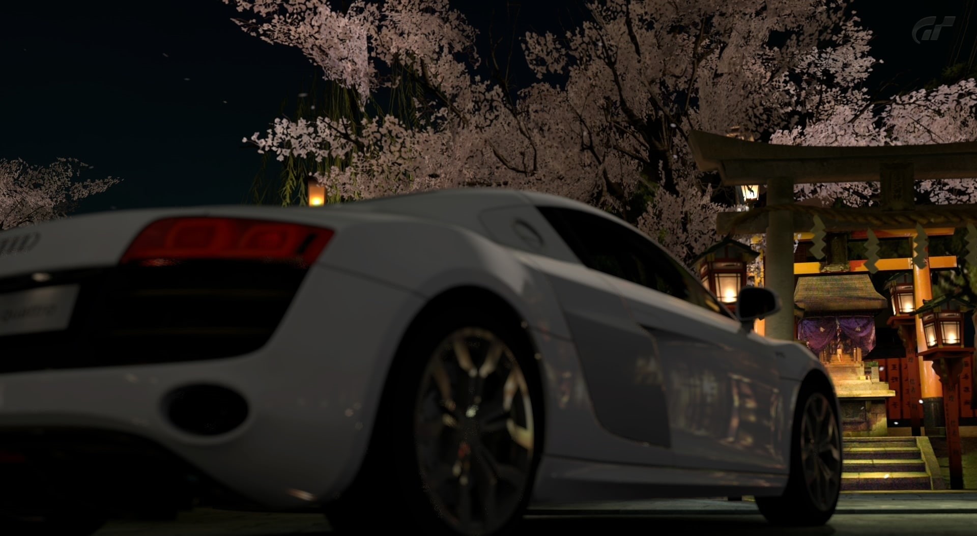 1080P, Games, Gran Turismo, tree, car, audi r8, mode of transportation, illuminated, text, video game, kyoto, building exterior, sakura, city, nature, HD Wallpaper