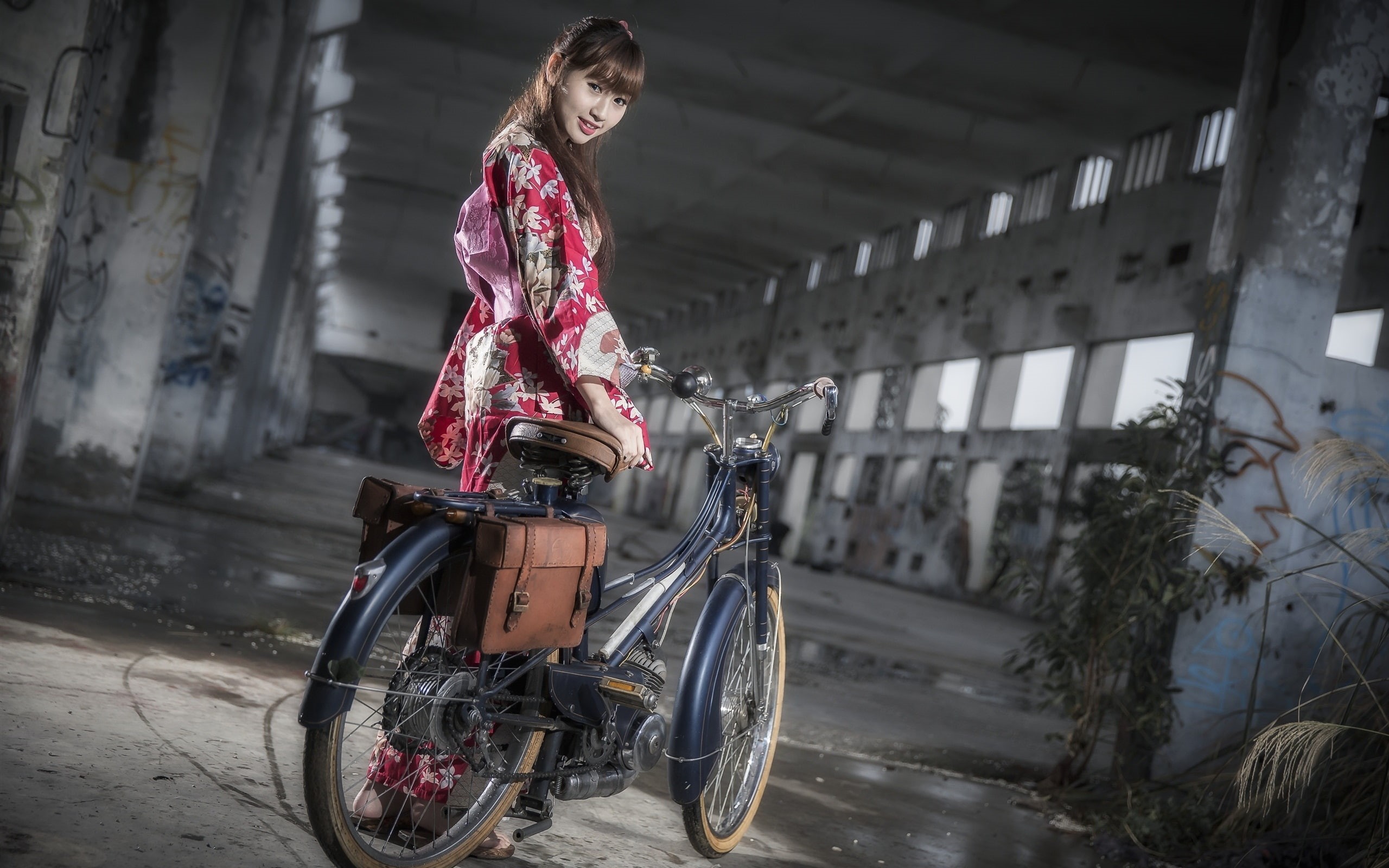 Japanese, Kimono, 2K, Girl, Night, Bike, HD Wallpaper