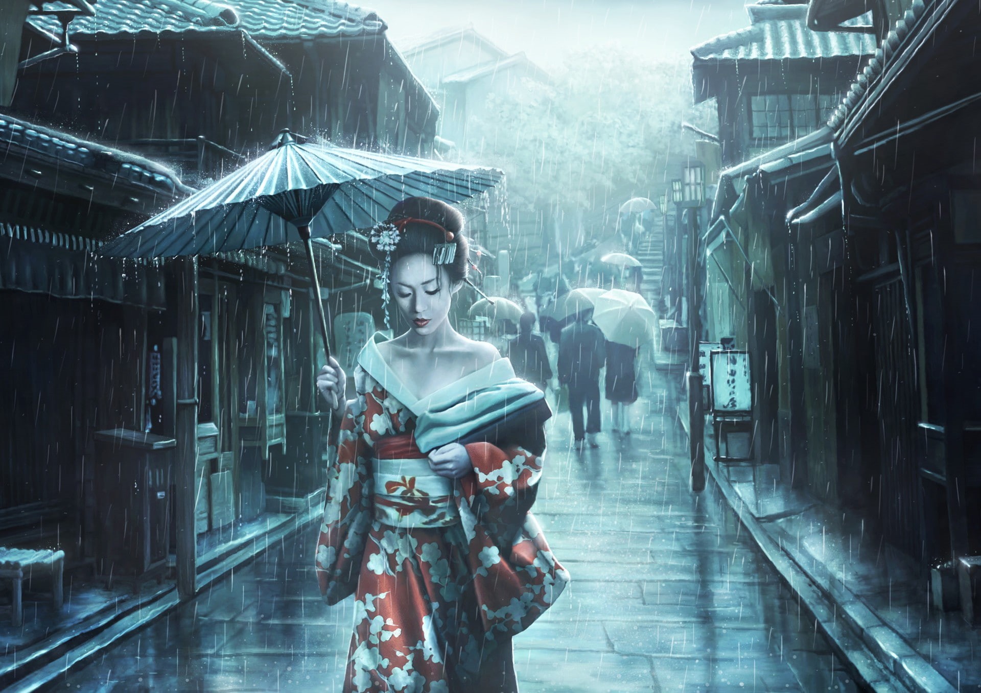 outdoors, protection, built structure, beauty, holding, artwork women asian asian architecture rain geisha street umbrella japanese umbrella dress kimono, HD Wallpaper