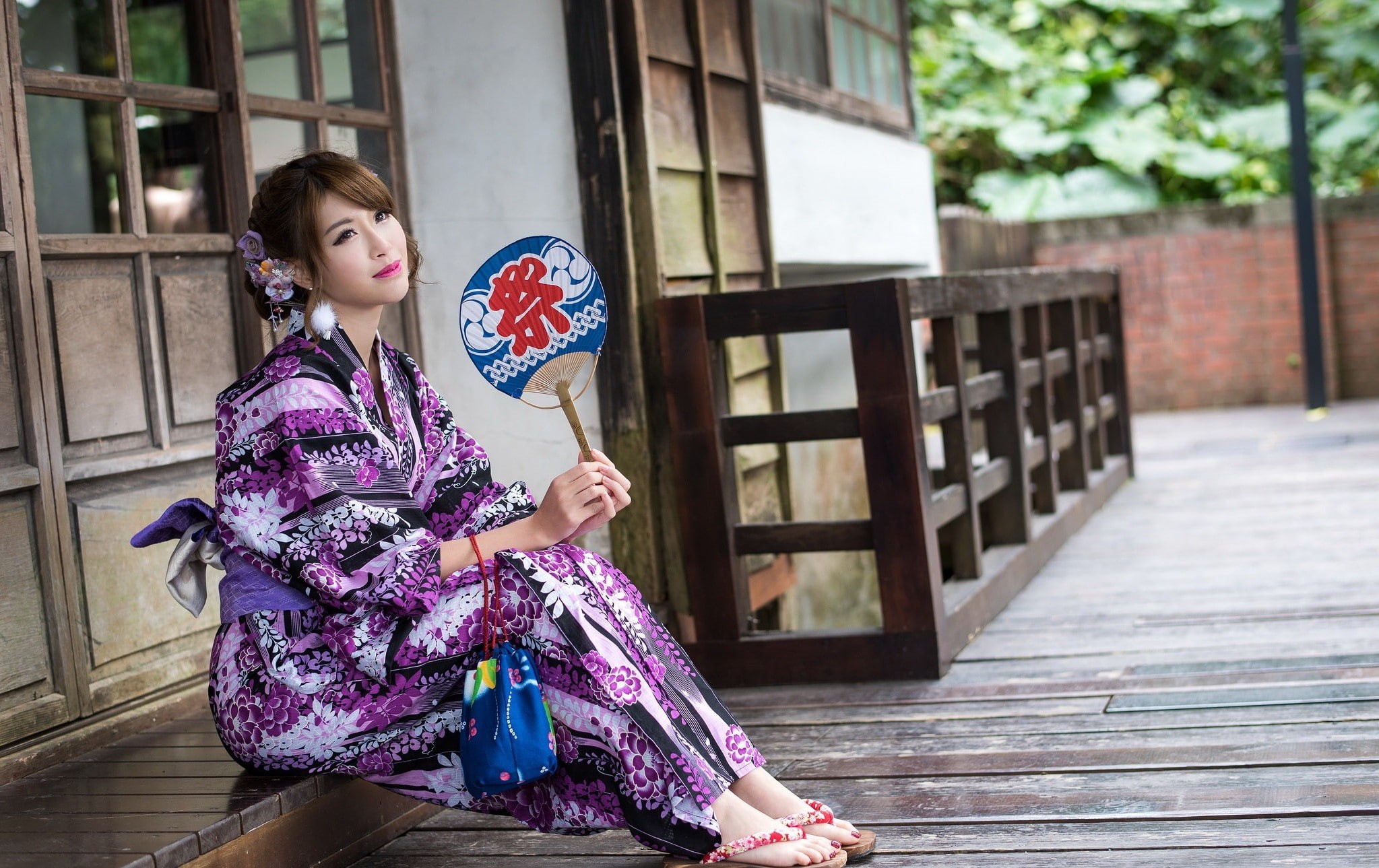 women, auburn hair, looking away, dress, Japanese kimono, 1080P, women outdoors, house, Asian, sitting, HD Wallpaper
