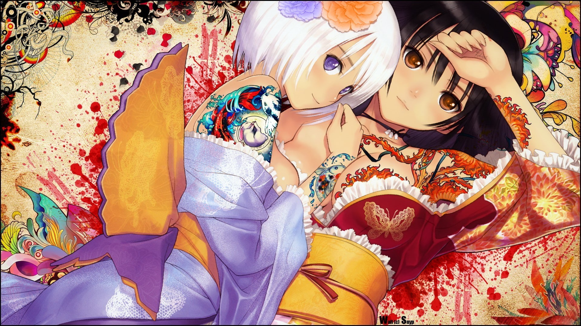 anime girls, kimono, anime, tattoo, 1080P, girls, HD Wallpaper