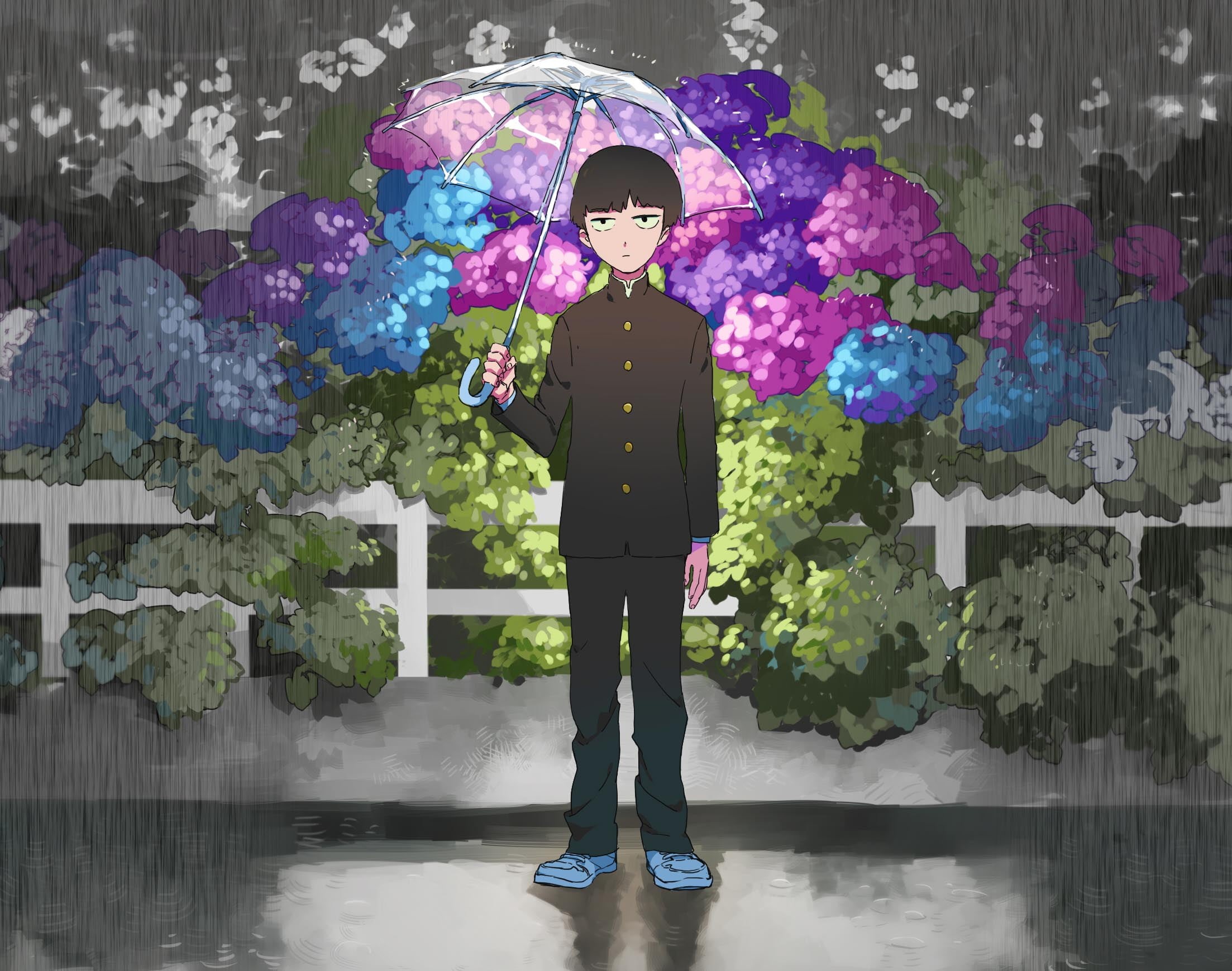 anime boys, rain, Mob Psycho 100, umbrella, Kageyama Shigeo, 1080P, anime, HD Wallpaper