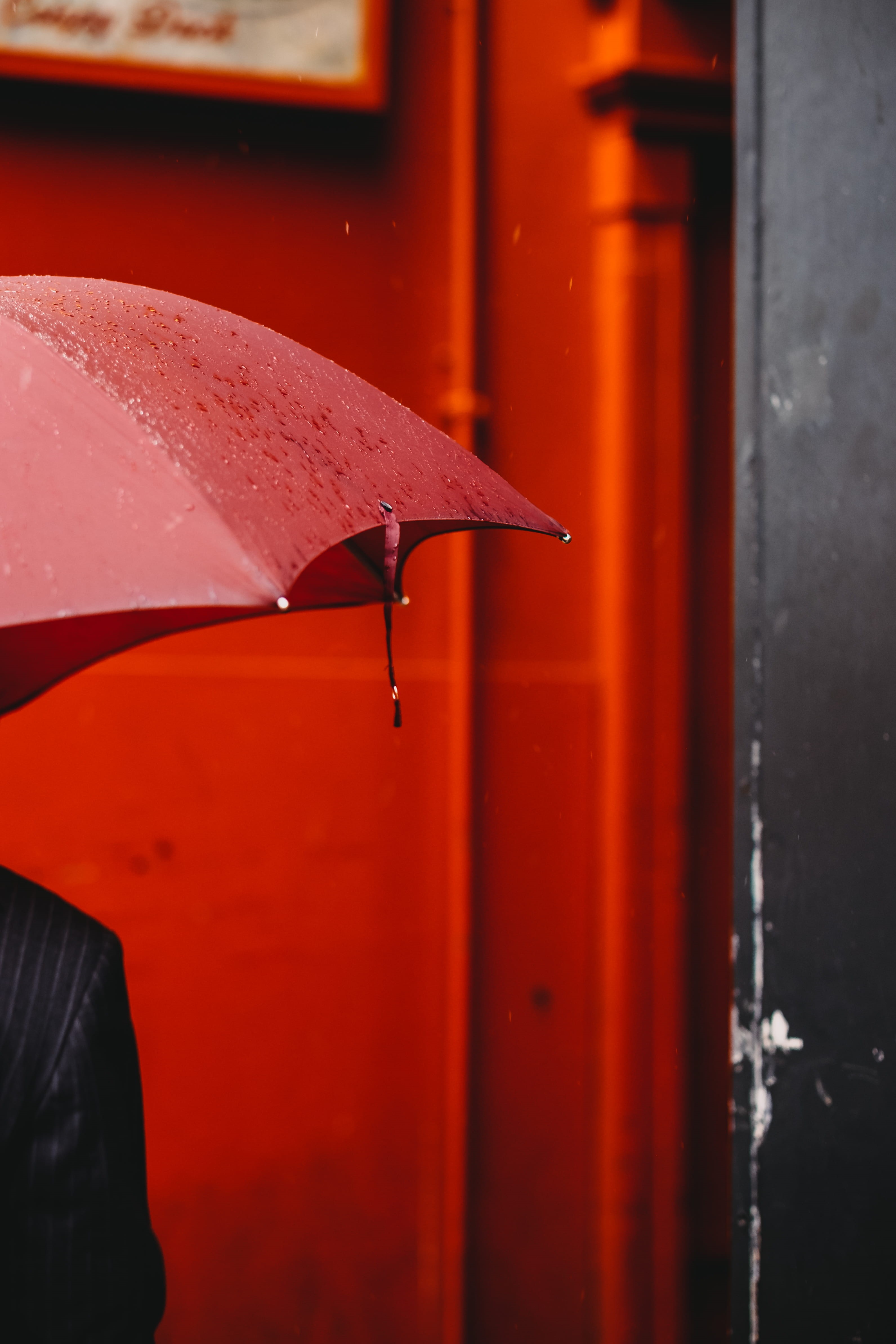 dair drop, no people, safety, close-up, day, holding, red, using, outdoors, water, wet, umbrella, selective focus, nature, protection, rain, metal, rainy season, Phone HD Wallpaper