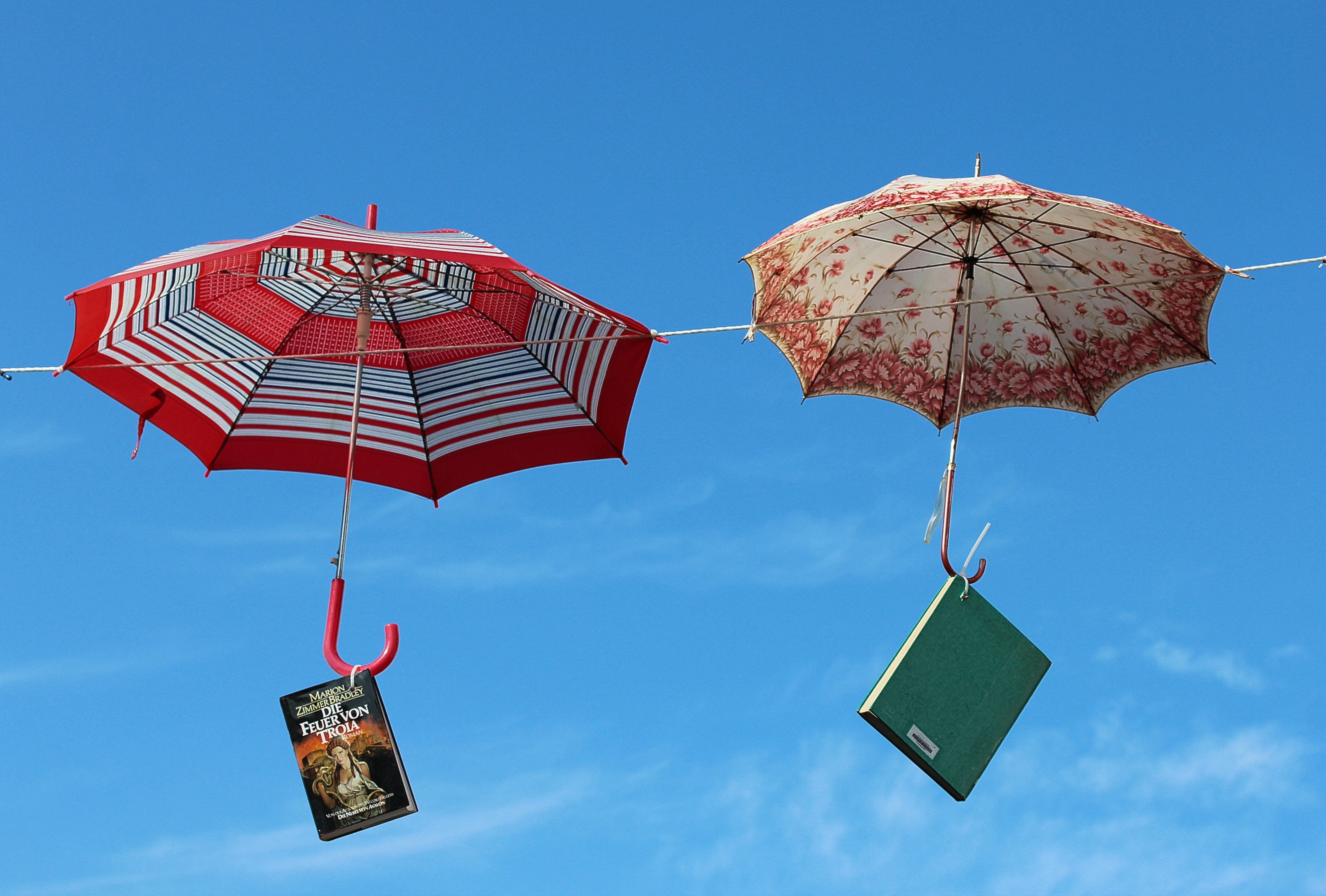 red, parasol, books, sunshade, safety, low angle view, beach umbrella, decoration, sky, 4K, summer, umbrella, beach, clear sky, art, hanging, no People, HD Wallpaper