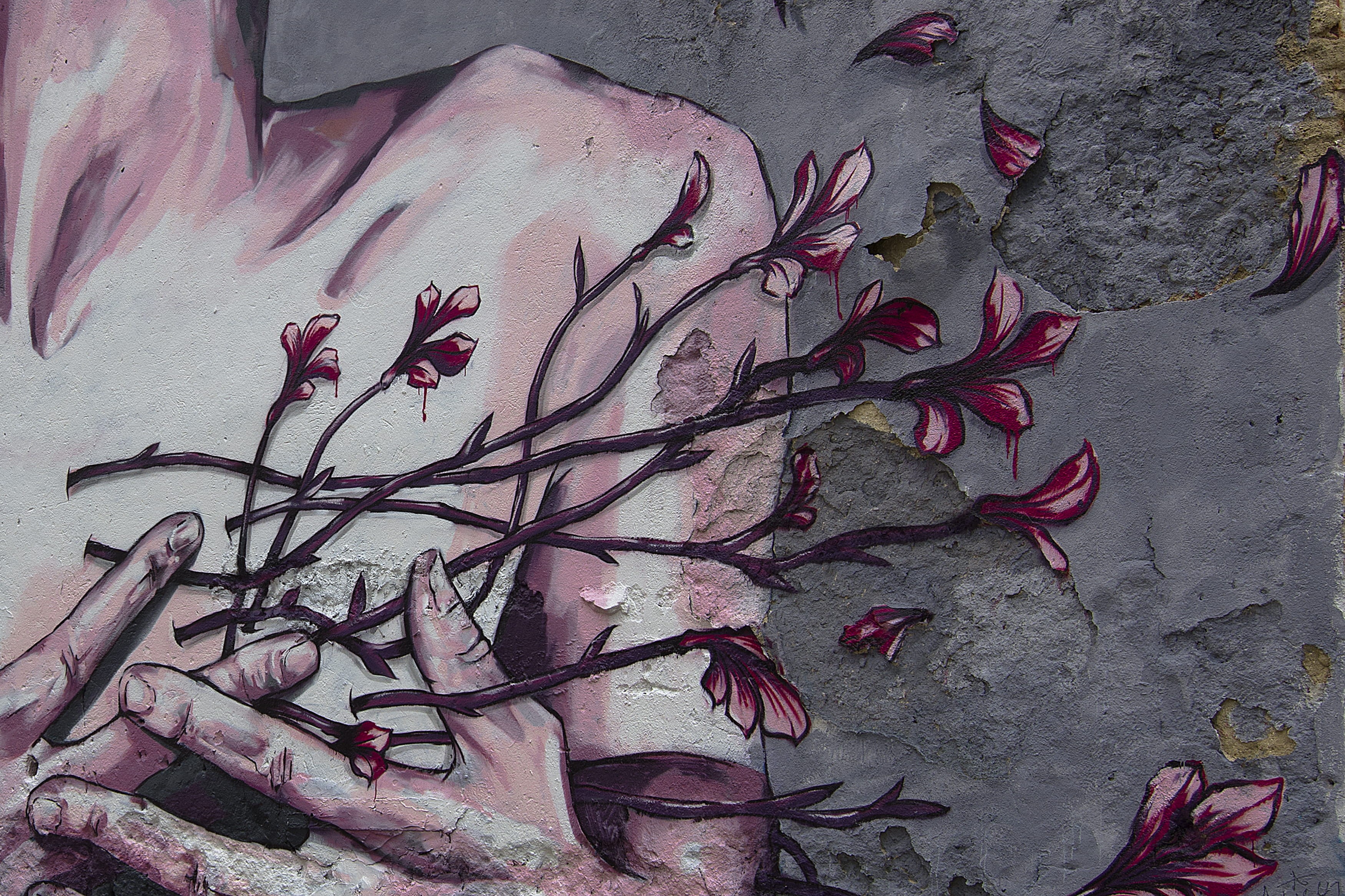 body, flower, mural, urban, outdoors, building, day, person, street, plant, flowers, design, softness, nature, creative, vulnerability, close-up, pink, HD Wallpaper