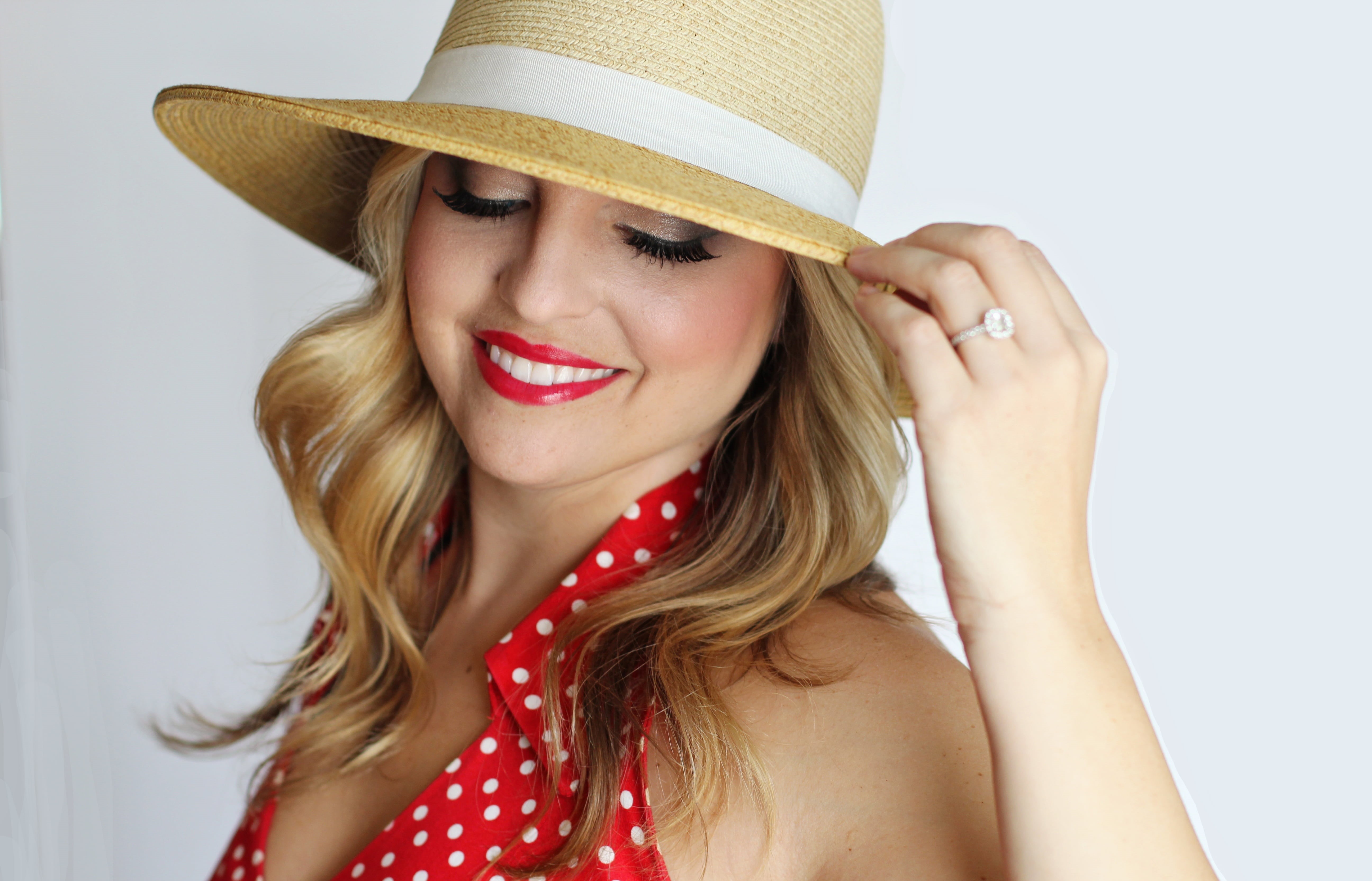 red, sun hat, one woman only, dress, wearing, person, brown, one young woman only, body part, studio, femininity, romantic, sleeveless, pretty girl, people, HD Wallpaper