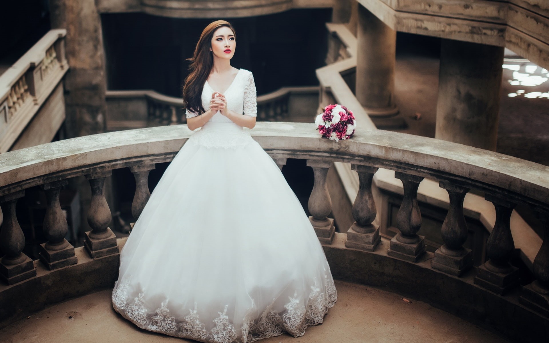 Bride, Girl, Dress, Flowers, White, Asian, 1080P, HD Wallpaper