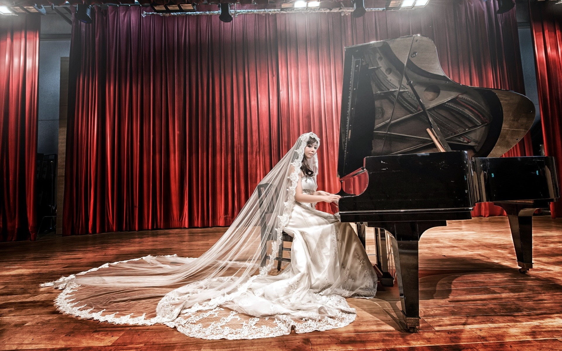 Music, Bride, Girl, White, 1080P, Dress, Asian, Piano, HD Wallpaper