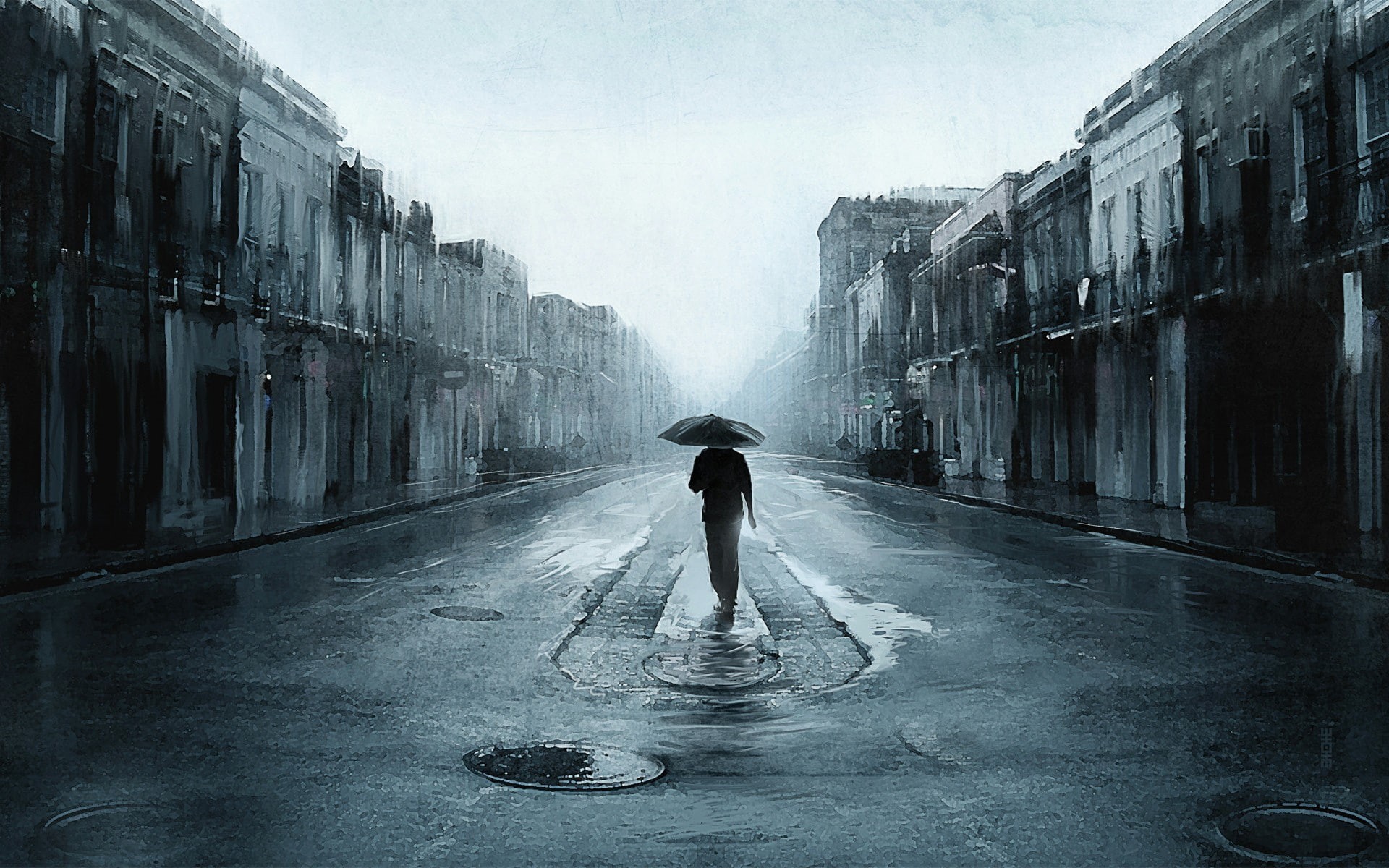 people, street, 1080P, city, rain, umbrella, alone, HD Wallpaper