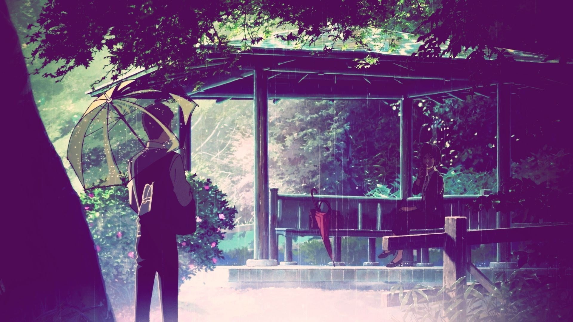 sunlight, women, casual clothing, built structure, The Garden of Words, day, male, three quarter length, anime, artwork, trees, garden, female, HD Wallpaper