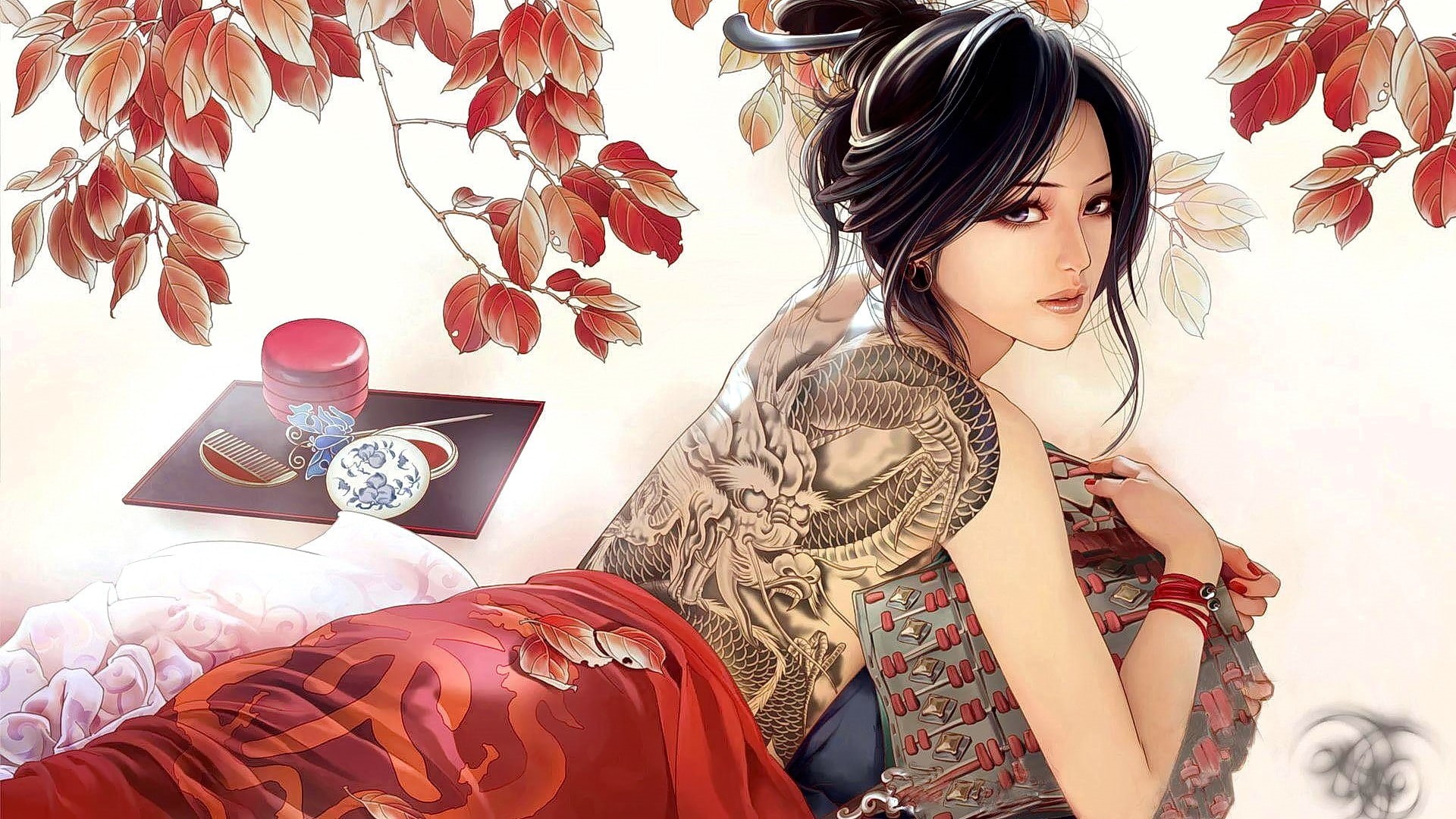 looking at viewer, Japanese clothes, 1080P, anime, original characters, tattoo, anime girls, long hair, brunette, HD Wallpaper