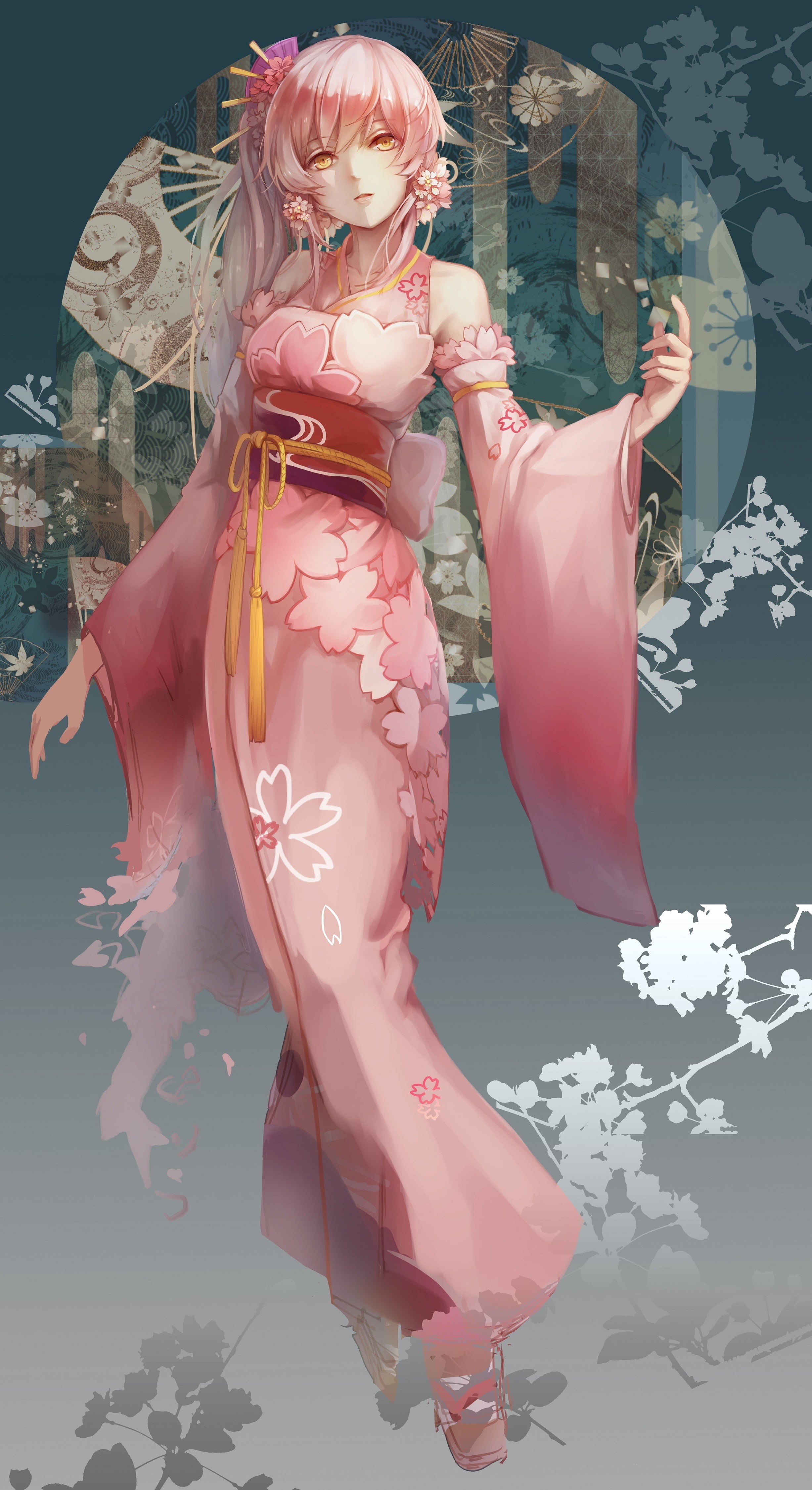 anime, Japanese clothes, long hair, kimono, 4K, pink hair, anime girls, yellow eyes, Phone HD Wallpaper