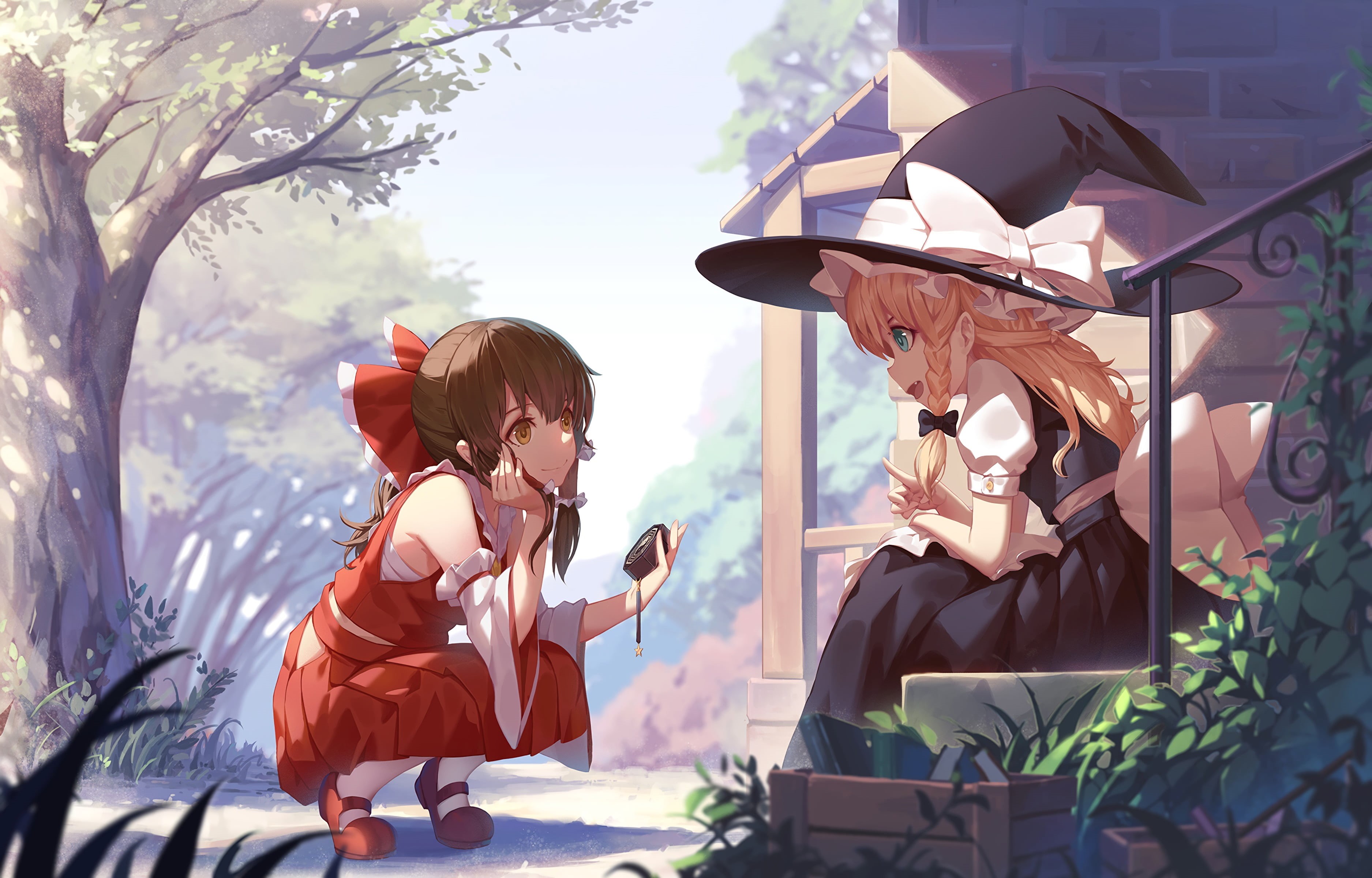 Kirisame Marisa, day, blonde, plant, people, real people, childhood, long hair, books, casual clothing, Touhou, tree, Hakurei Reimu, anime, Japanese clothes, HD Wallpaper