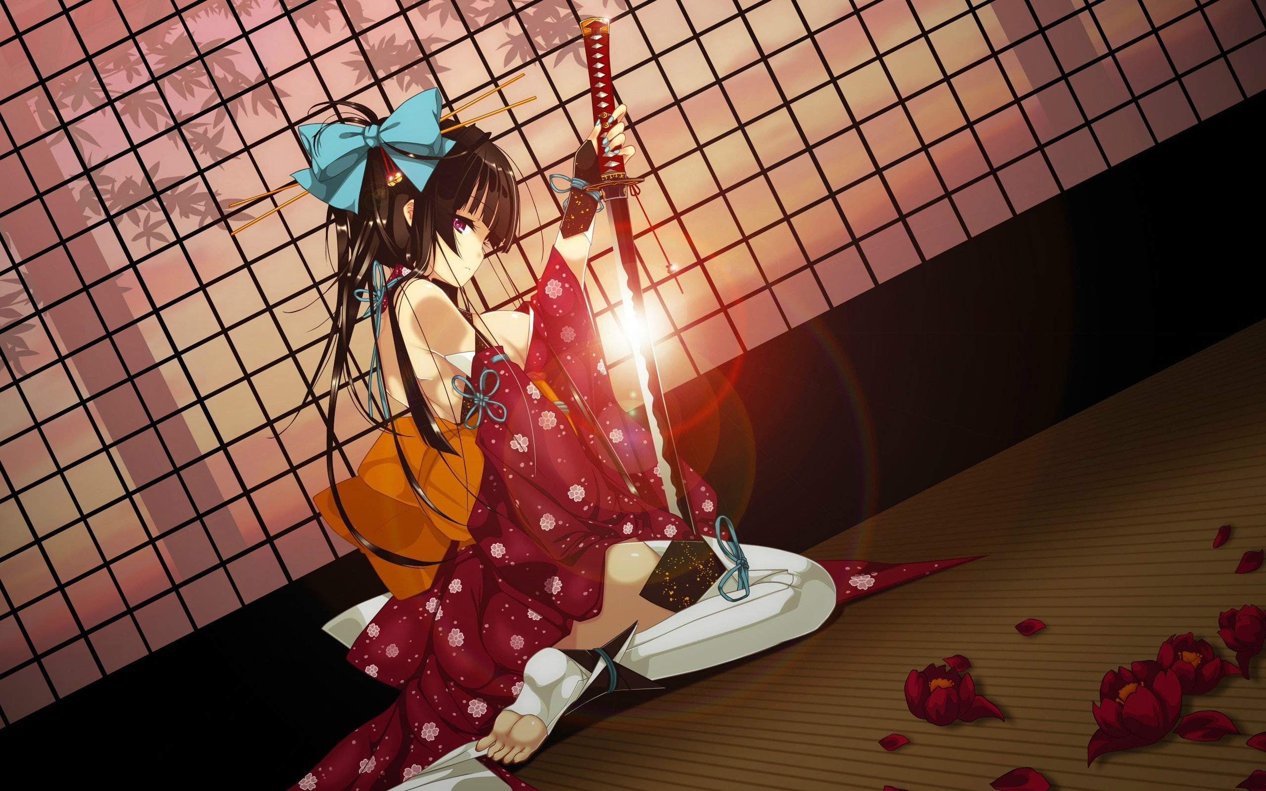 shadow, flowering plant, clothing, flower, built structure, anime, kimono, original characters, real people, katana, 2K, lifestyles, nature, wall - building feature, HD Wallpaper