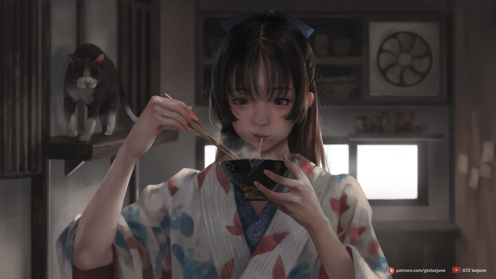 anime girls, Japan, 720P, eating, ramen, kimono, cats, indoors, original characters, anime, Taejune Kim, depth of field, Asian, drawing, anime girls eating, HD Wallpaper