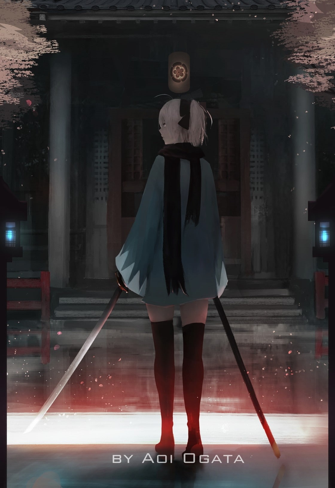 japanese sword, Okita Souji, thigh-highs, women, Aoi Ogata, white hair, short hair, back, artwork, sword, Sakura Saber, Japanese clothes, Asian architecture, Phone HD Wallpaper