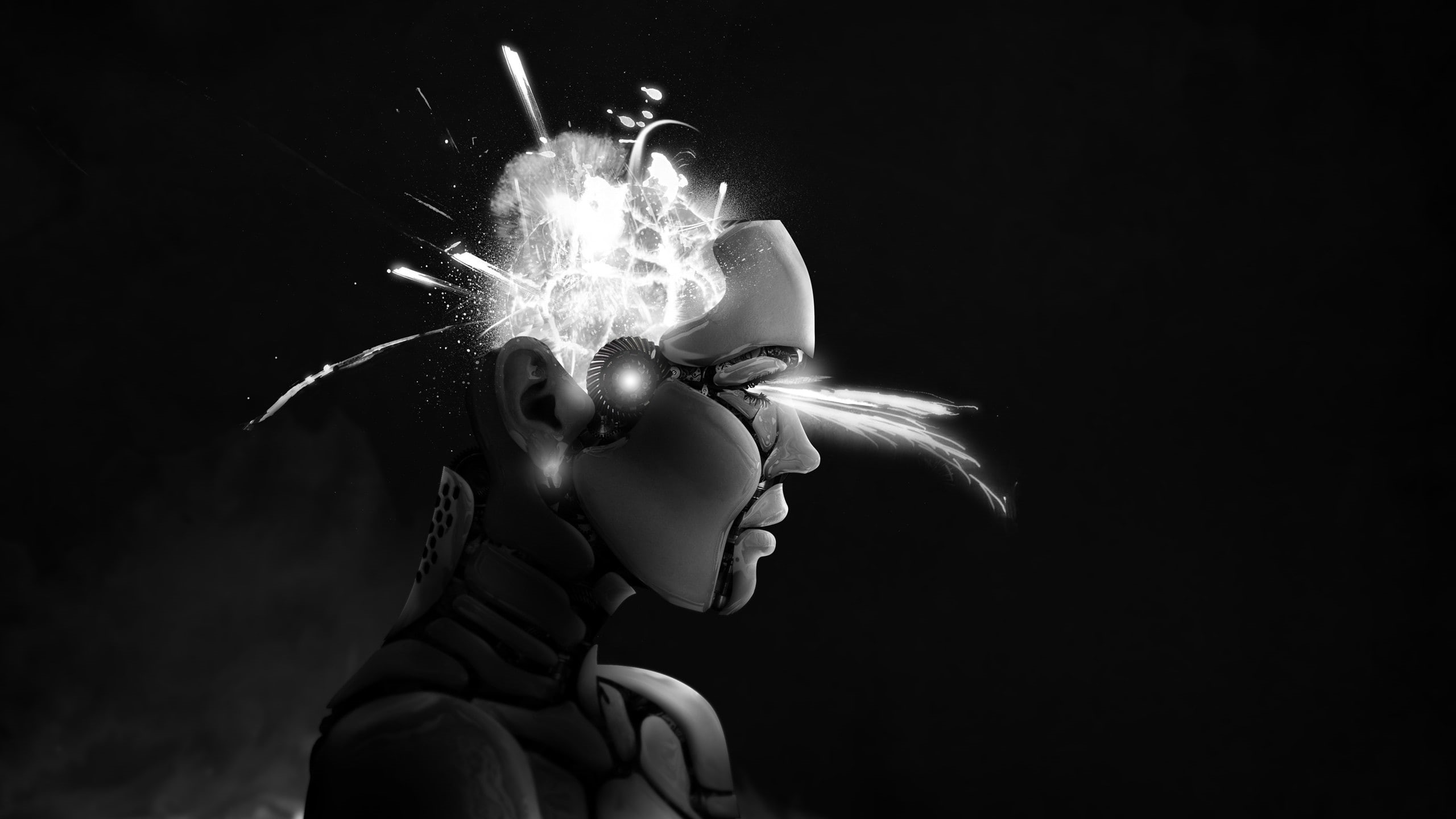 robot, profile, studio shot, black background, simple background, light painting, 2K, females, minimalism, monochrome, smoke - physical structure, sparks, HD Wallpaper